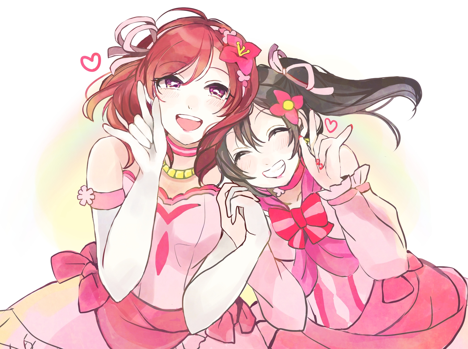 2girls, alice-yuki, black_hair, bow, dress, elbow_gloves, gloves, love_live!_school_idol_project, nishikino_maki, purple_eyes, red_hair, white, yazawa_nico