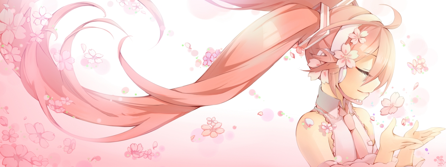 flowers, hatsune_miku, headphones, hinata8281, long_hair, microphone, pink_hair, sakura_miku, tie, twintails, vocaloid