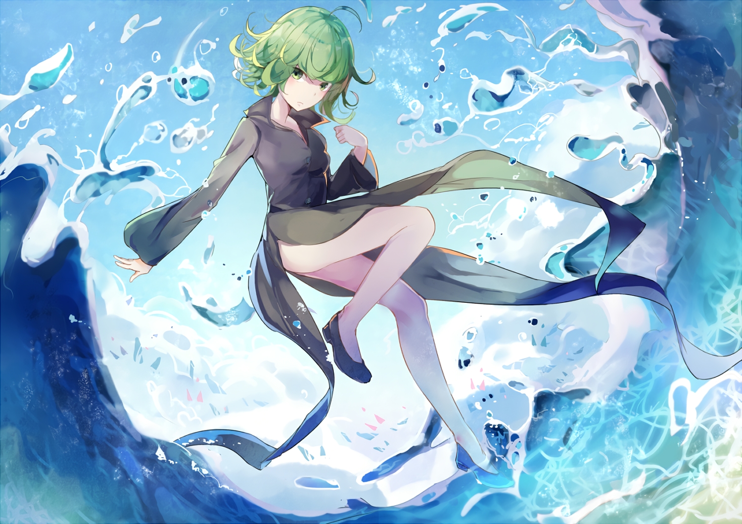 clouds, dress, green_eyes, green_hair, mitu_yang, onepunch_man, short_hair, sky