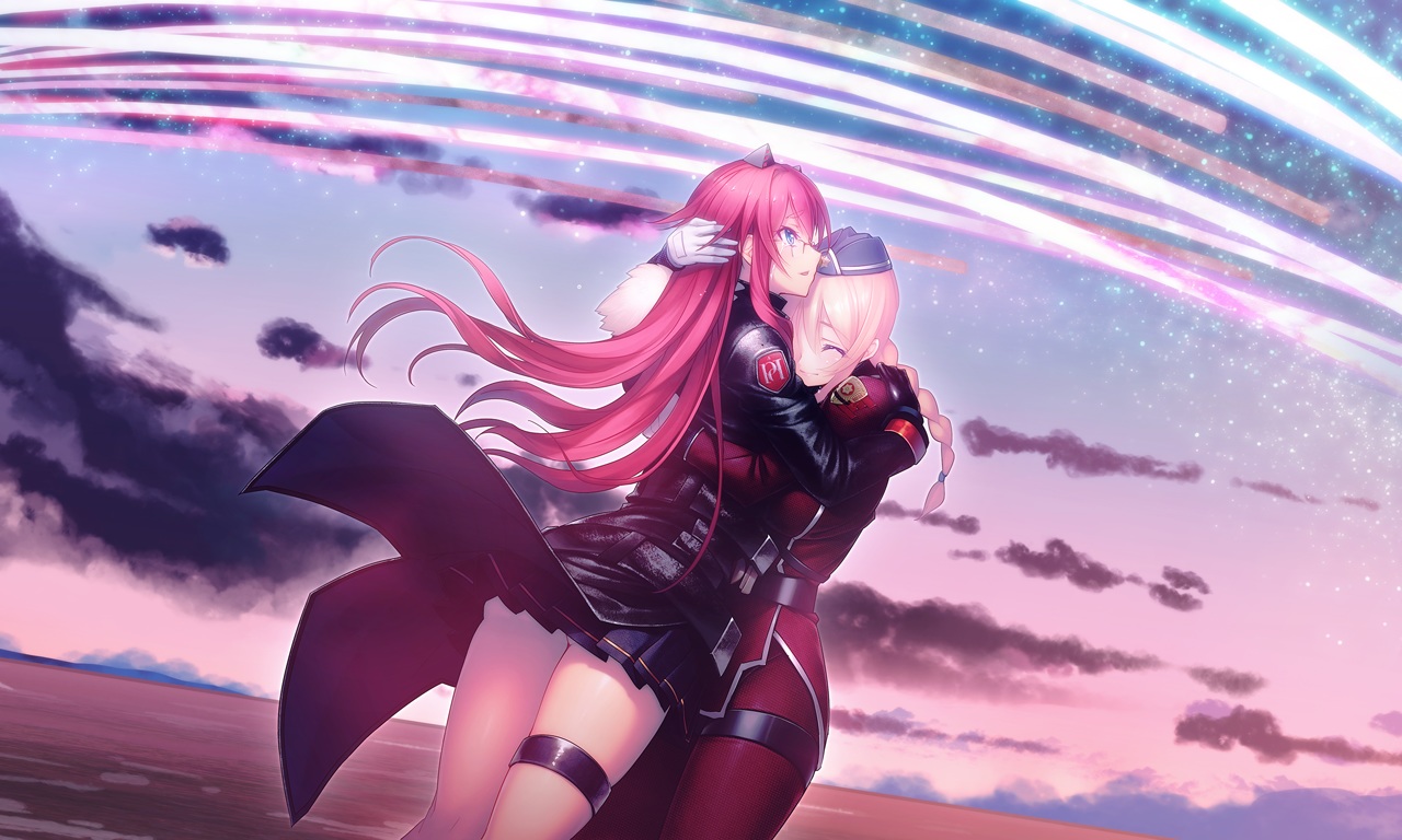 2girls, aqua_eyes, aso_kiriri, blonde_hair, braids, clouds, game_cg, garter