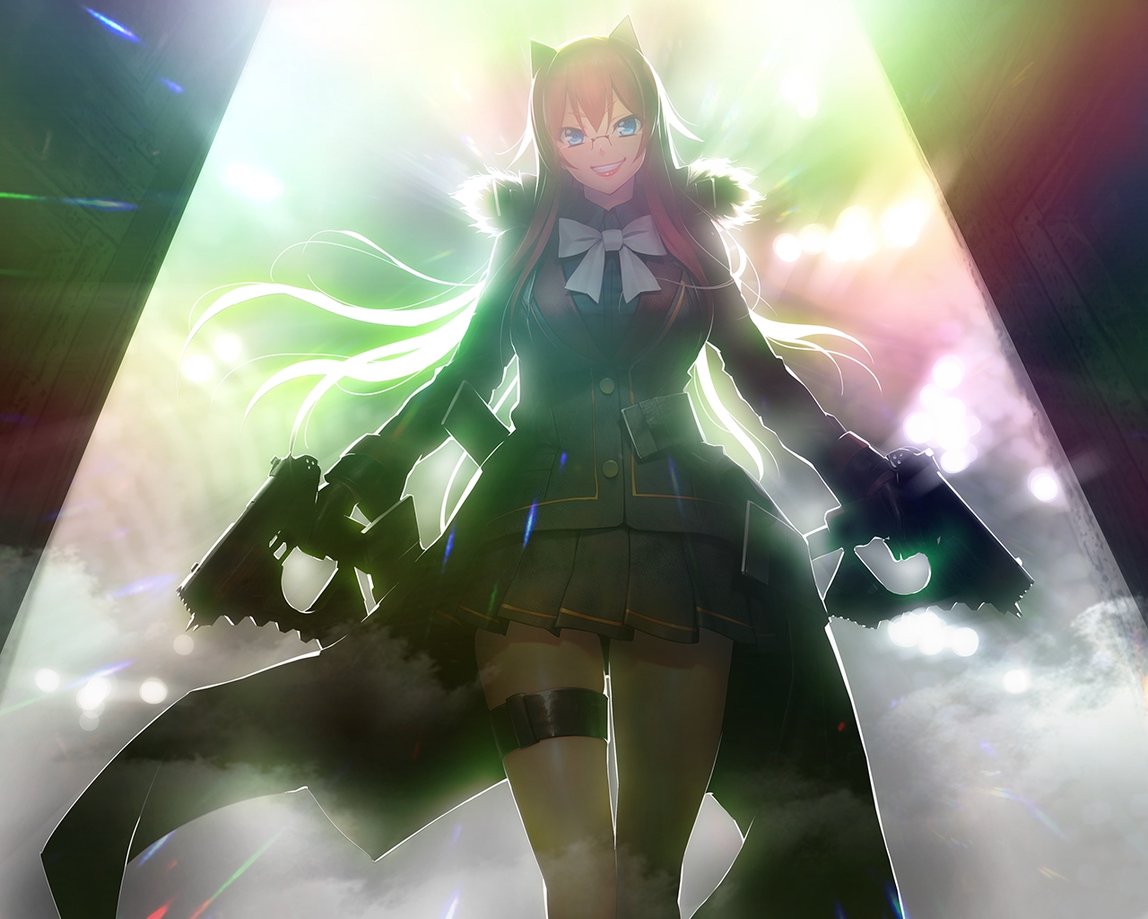 blue_eyes, bow, game_cg, garter, glasses, gun, hood, kibanohara_ethica