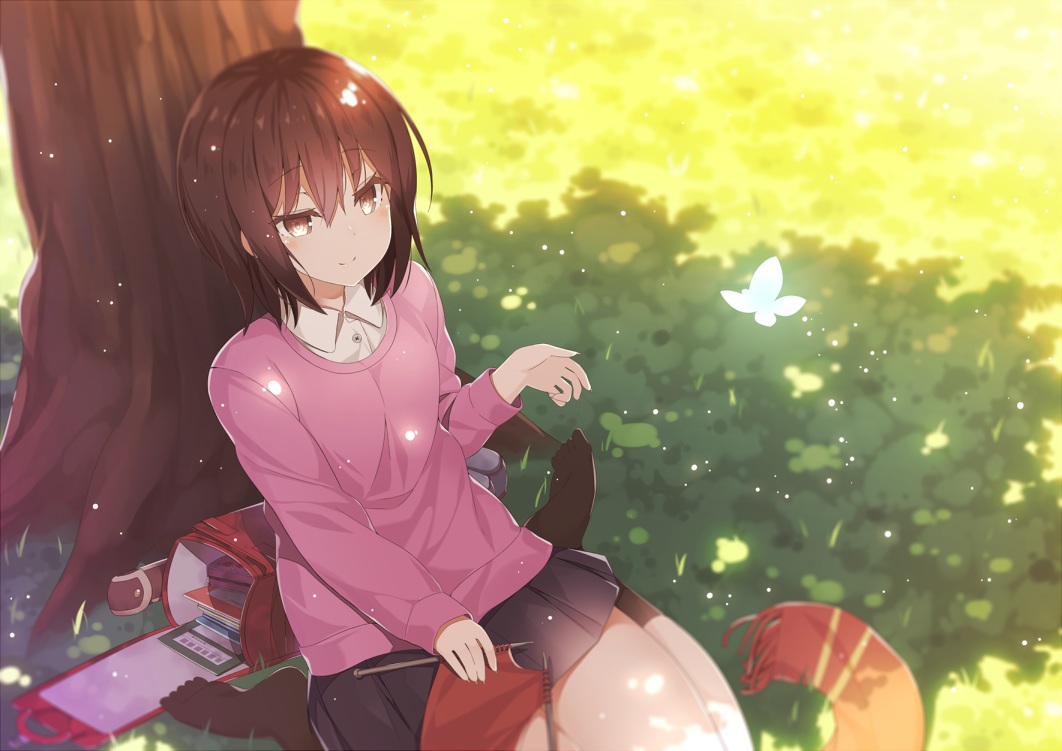 boku_dake_ga_inai_machi, book, butterfly, grass, green, hinazuki_kayo, kaname_024, scarf, shade, skirt, socks, summer, tree