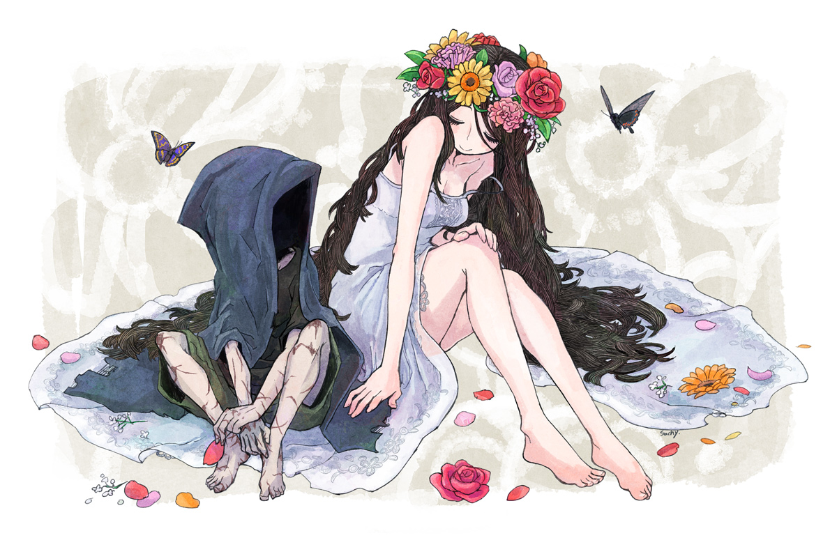 barefoot, breasts, brown_hair, butterfly, cleavage, dress, flowers, hood, long_hair, original, petals, rose, sachy_(sachichy), scar