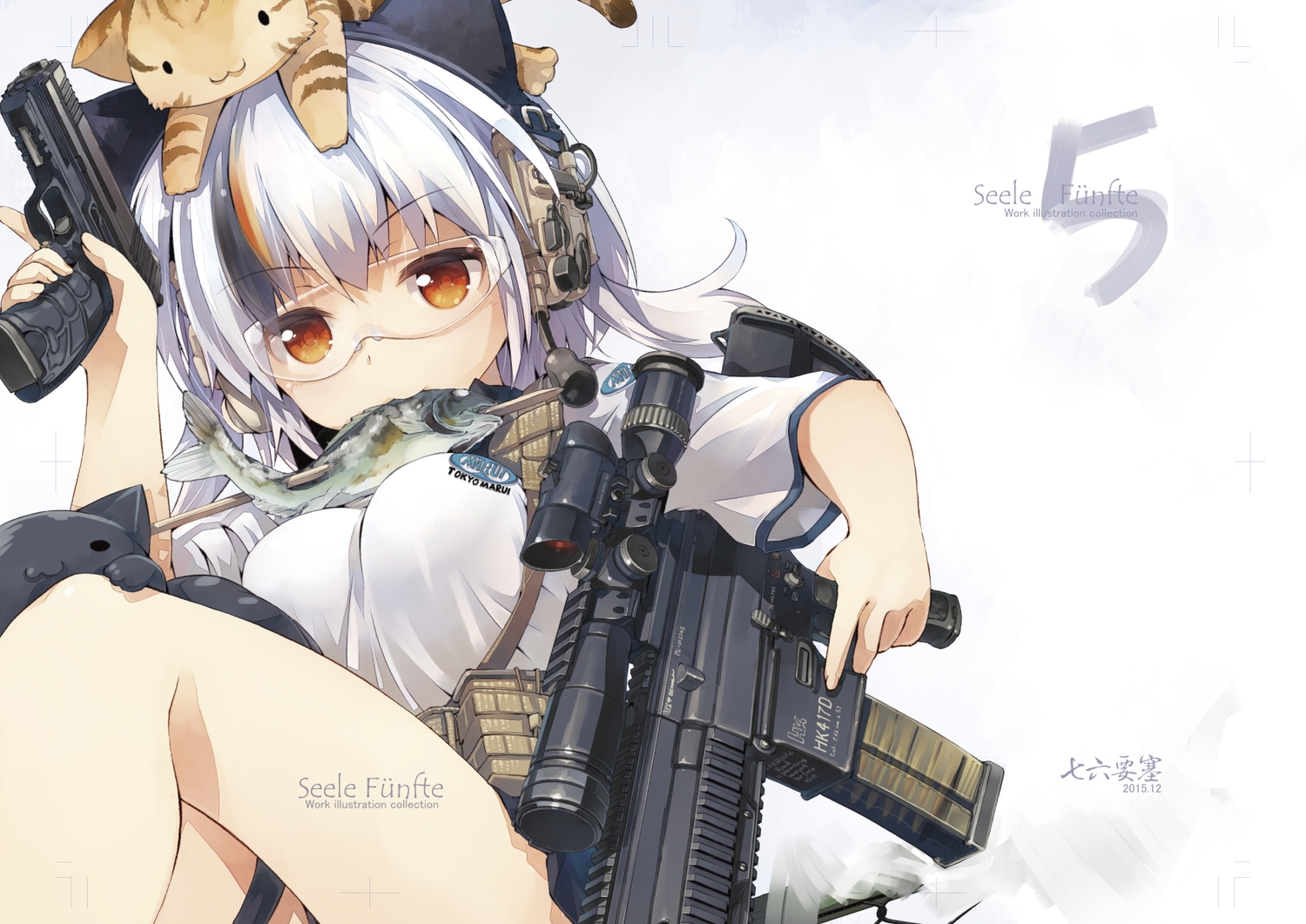 animal, cat, cat_smile, fish, food, goggles, gun, headphones, nanaroku_(fortress76), orange_eyes, original, school_uniform, weapon, white_hair