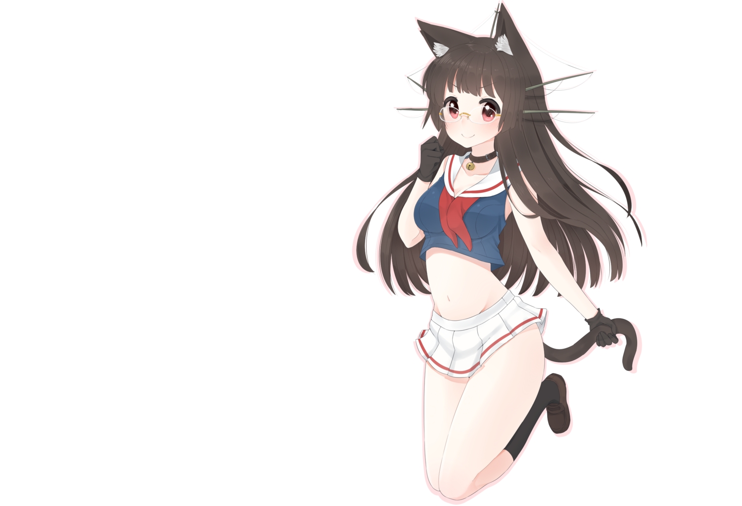animal_ears, anthropomorphism, bell, black_hair, catgirl, choukai_(kancolle), collar, glasses