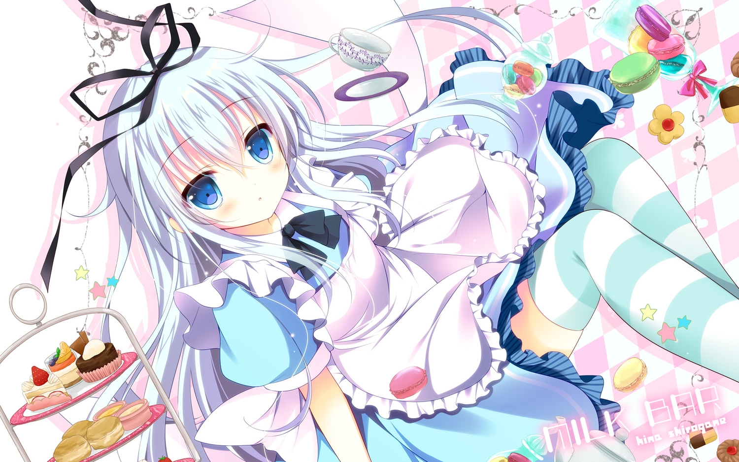 alice_in_wonderland, anthropomorphism, apron, blue_eyes, blue_hair, blush, cake, cosplay, dress, food, hibiki_(kancolle), kantai_collection, long_hair, parody, ribbons, shirogane_hina, thighhighs, watermark