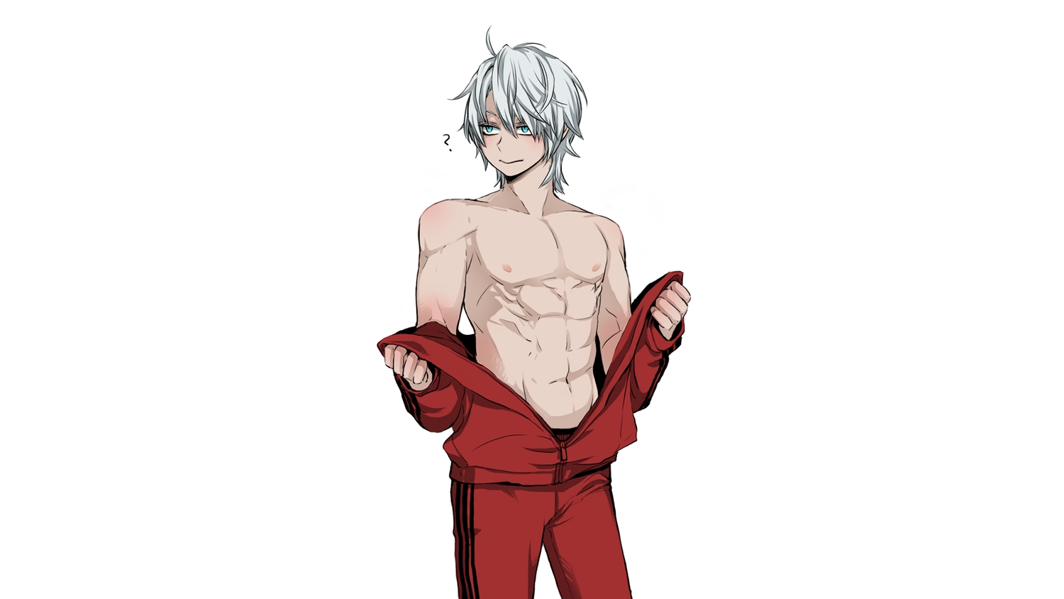 all_male, aqua_eyes, dante, devil_may_cry, dishing, gray_hair, gym_uniform, male, nipples, short_hair, white