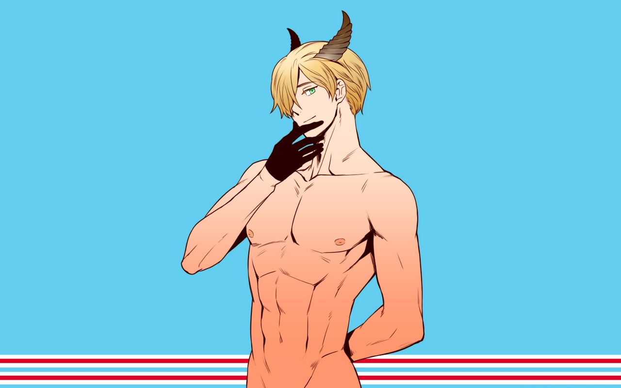 all_male, anthropomorphism, axis_powers_hetalia, blonde_hair, blue, gloves, green_eyes, horns, luxembourg_(hetalia), male, navel, nipples, nude, rebasashi, third-party_edit