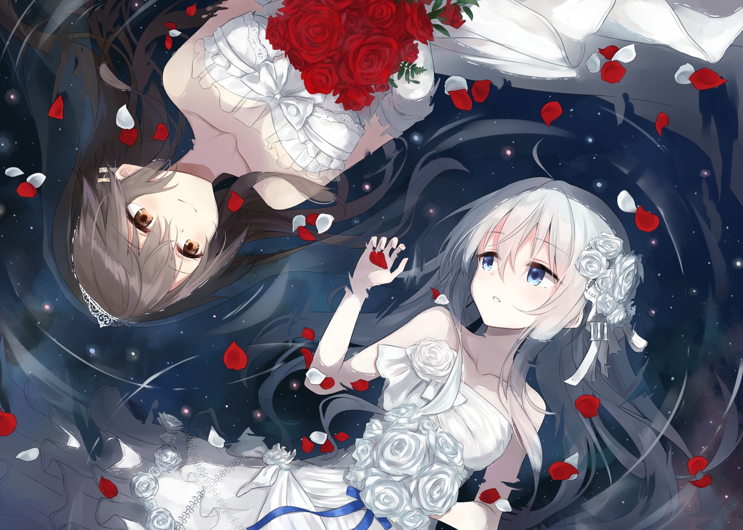 2girls, anthropomorphism, azuuru_(azure0608), blue_eyes, brown_eyes, brown_hair, dress, flowers, haruna_(kancolle), hibiki_(kancolle), kantai_collection, petals, rose, tiara, water, wedding_attire, white_hair