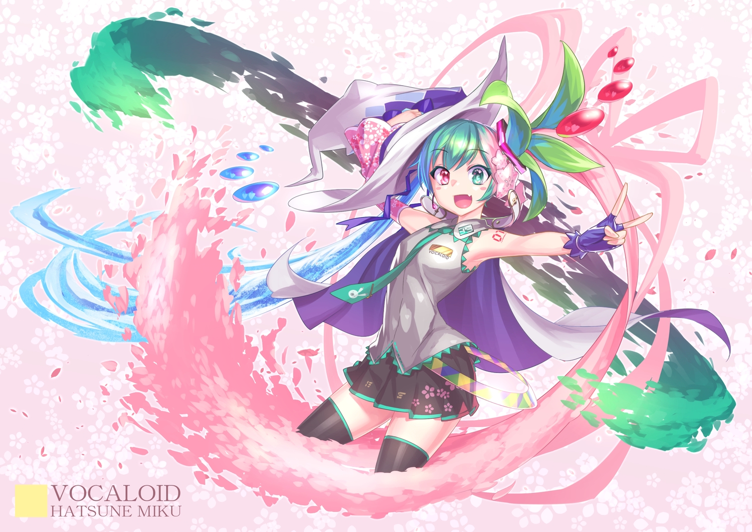 aqua_hair, bicolored_eyes, fang, gloves, hatsune_miku, leaves, long_hair, noname_(metaldragonfly)