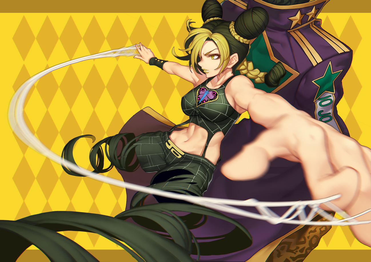 breasts, evan_yang, jojo_no_kimyou_na_bouken, kuujou_jolyne, kuujou_joutarou, male, navel, wristwear, yellow_eyes