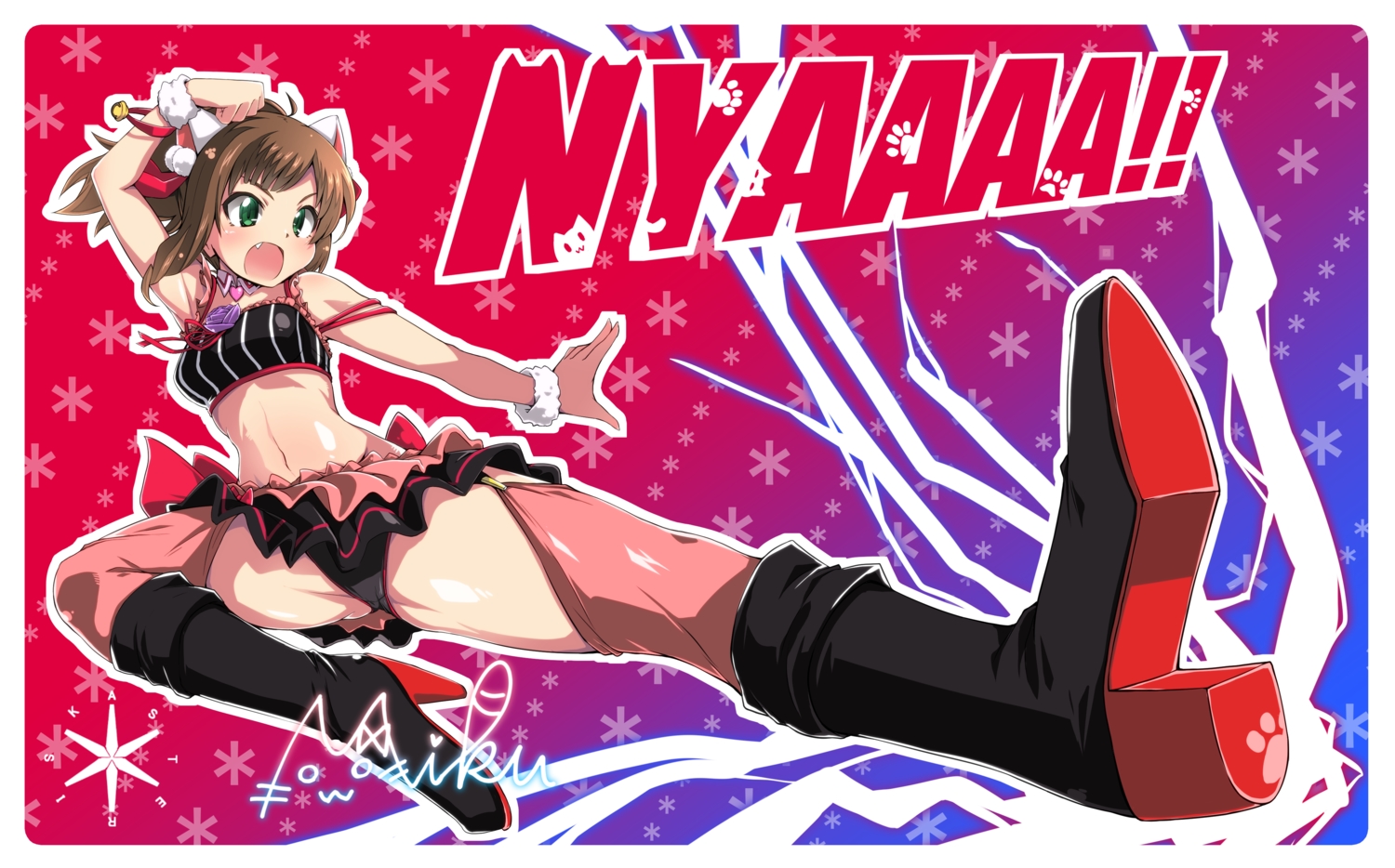 animal_ears, boots, brown_hair, catgirl, collar, fang, green_eyes, idolmaster, idolmaster_cinderella_girls, idolmaster_cinderella_girls_starlight_stage, kaname_nagi, kick, maekawa_miku, navel, panties, ponytail, skirt, thighhighs, underwear, wristwear