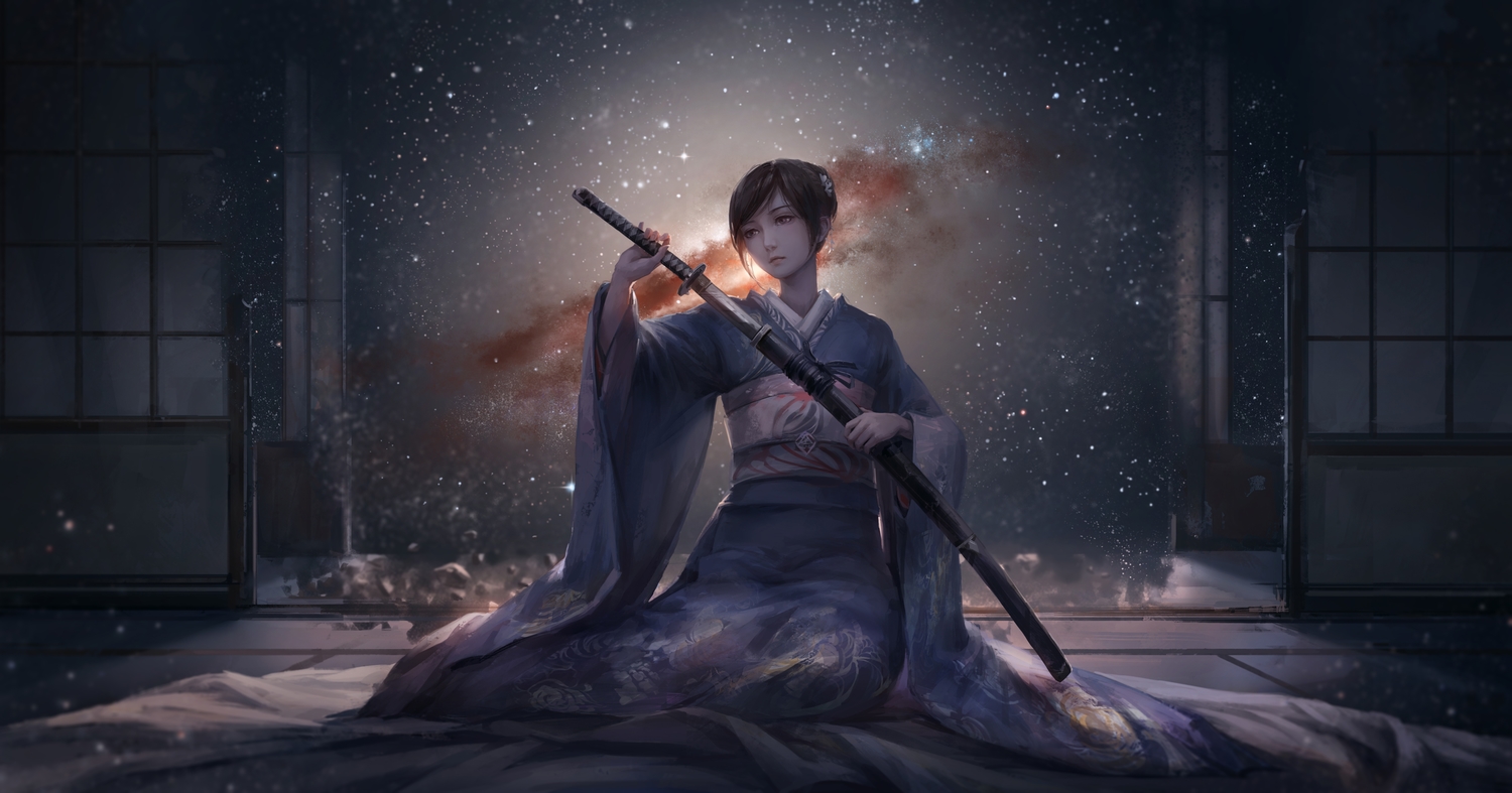 brown_hair, di_qiu_wang_shi, japanese_clothes, jlien-, katana, kimono, realistic, short_hair, stars, sword, weapon