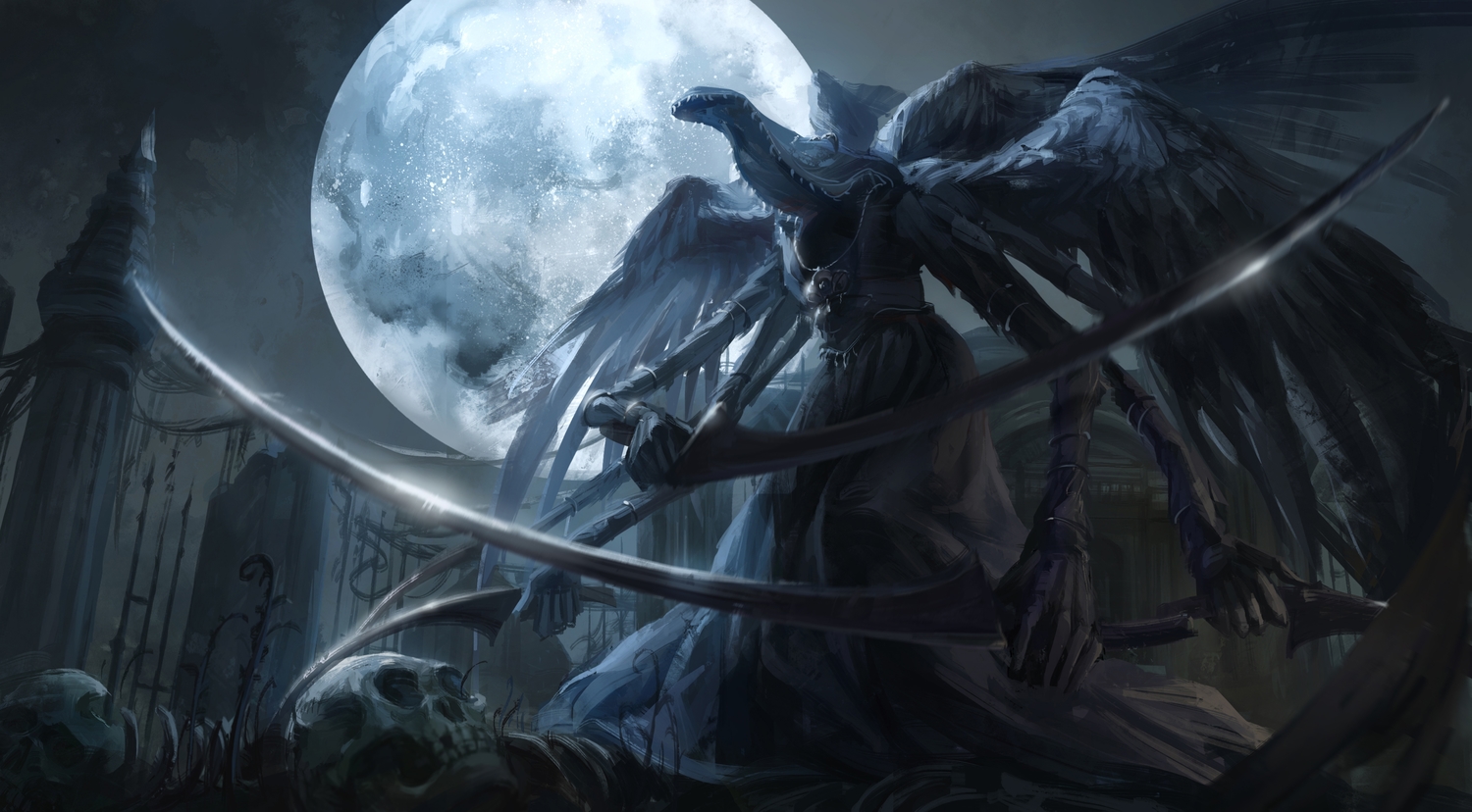 bloodborne, demon, jlien-, mergo's_wet_nurse, moon, night, skull, sword, weapon, wings