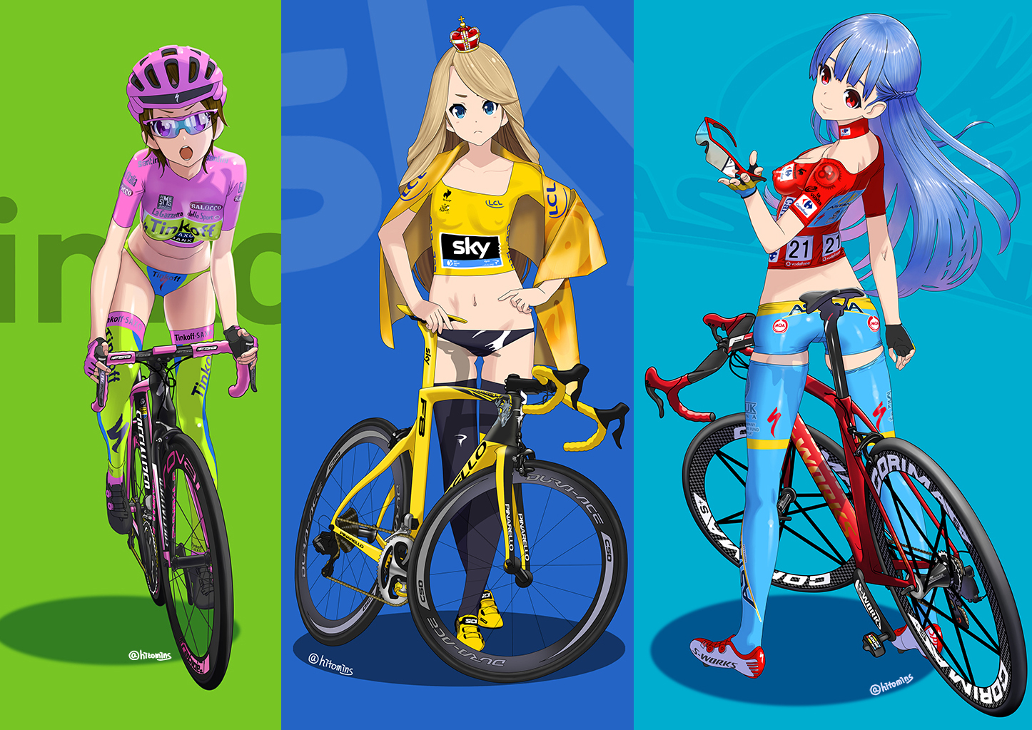 aqua_eyes, bicycle, bike_shorts, blonde_hair, blue_hair, breasts, brown_hair, erect_nipples