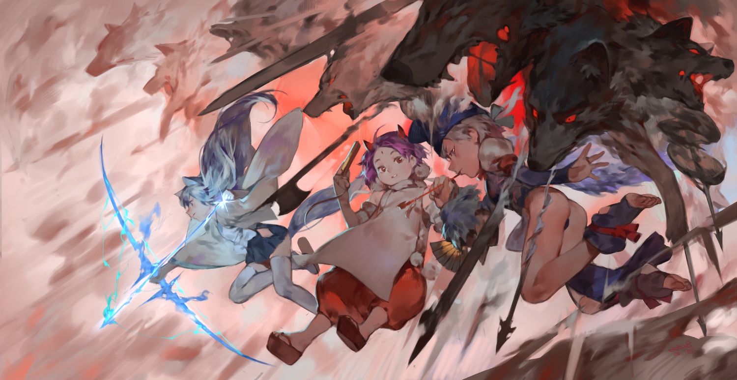 animal, animal_ears, bow_(weapon), horns, japanese_clothes, original, pixiv_fantasia, tail