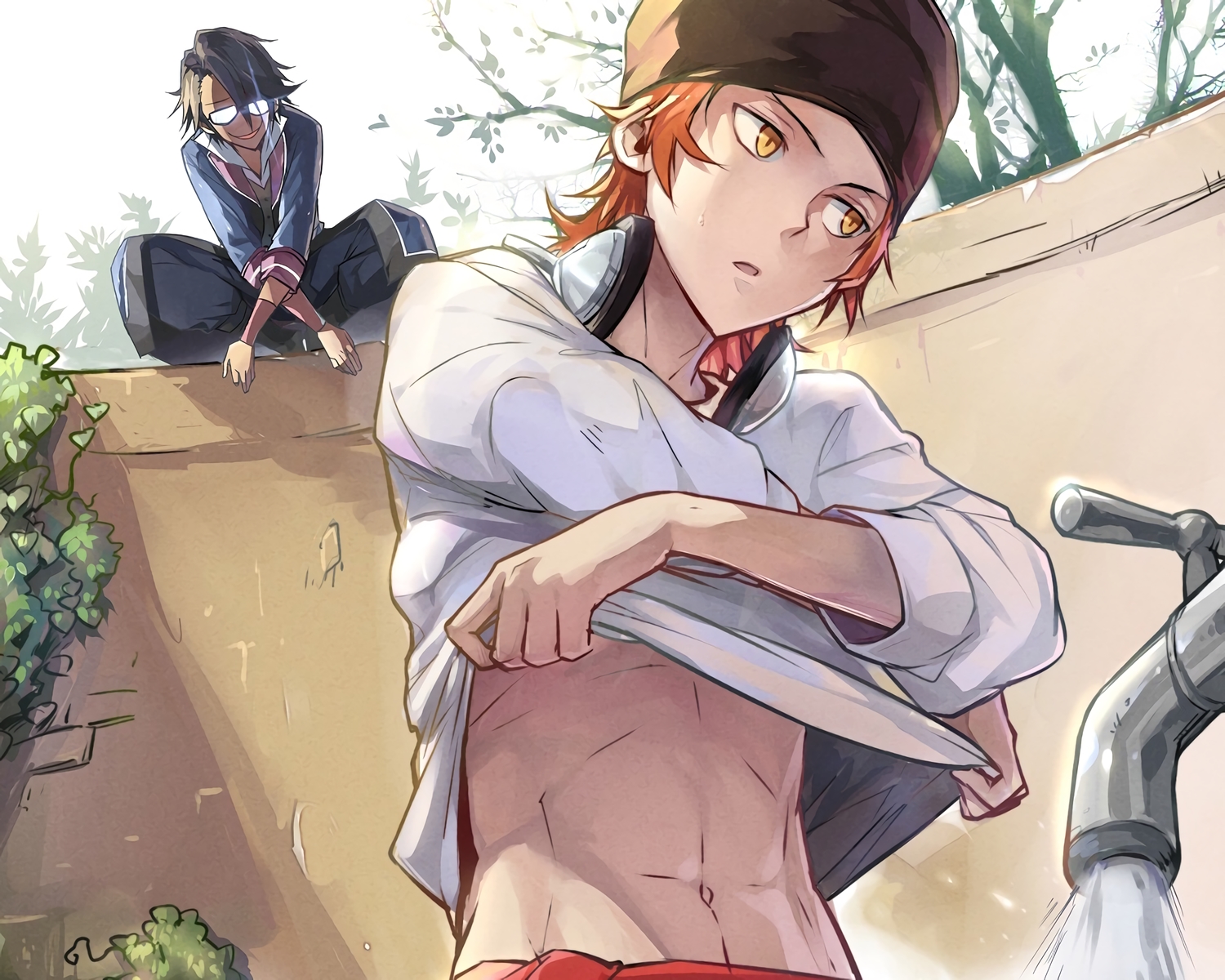 all_male, brown_hair, cropped, fushimi_saruhiko, glasses, headphones, k_(anime), linjie, male, navel, orange_hair, undressing, waifu2x, water, yata_misaki, yellow_eyes