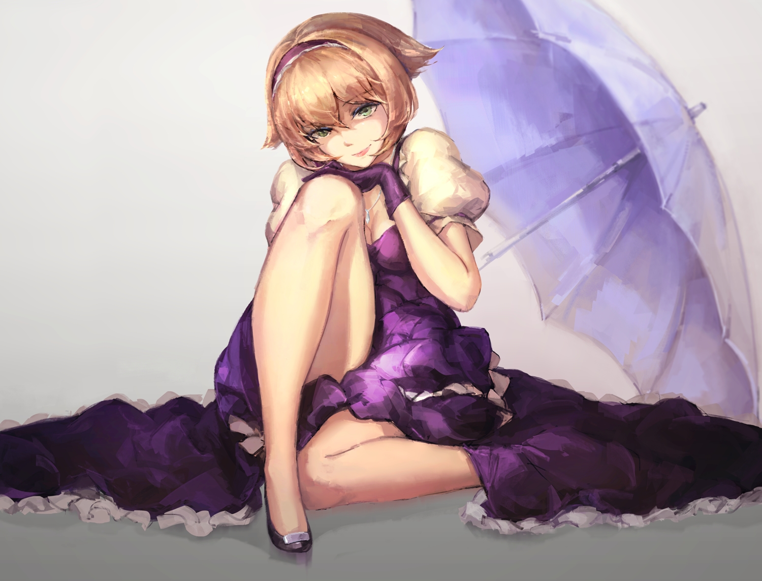 anthropomorphism, breasts, brown_hair, cleavage, dress, gloves, green_eyes, headband, kantai_collection, labombardier!, mutsu_(kancolle), necklace, short_hair, umbrella