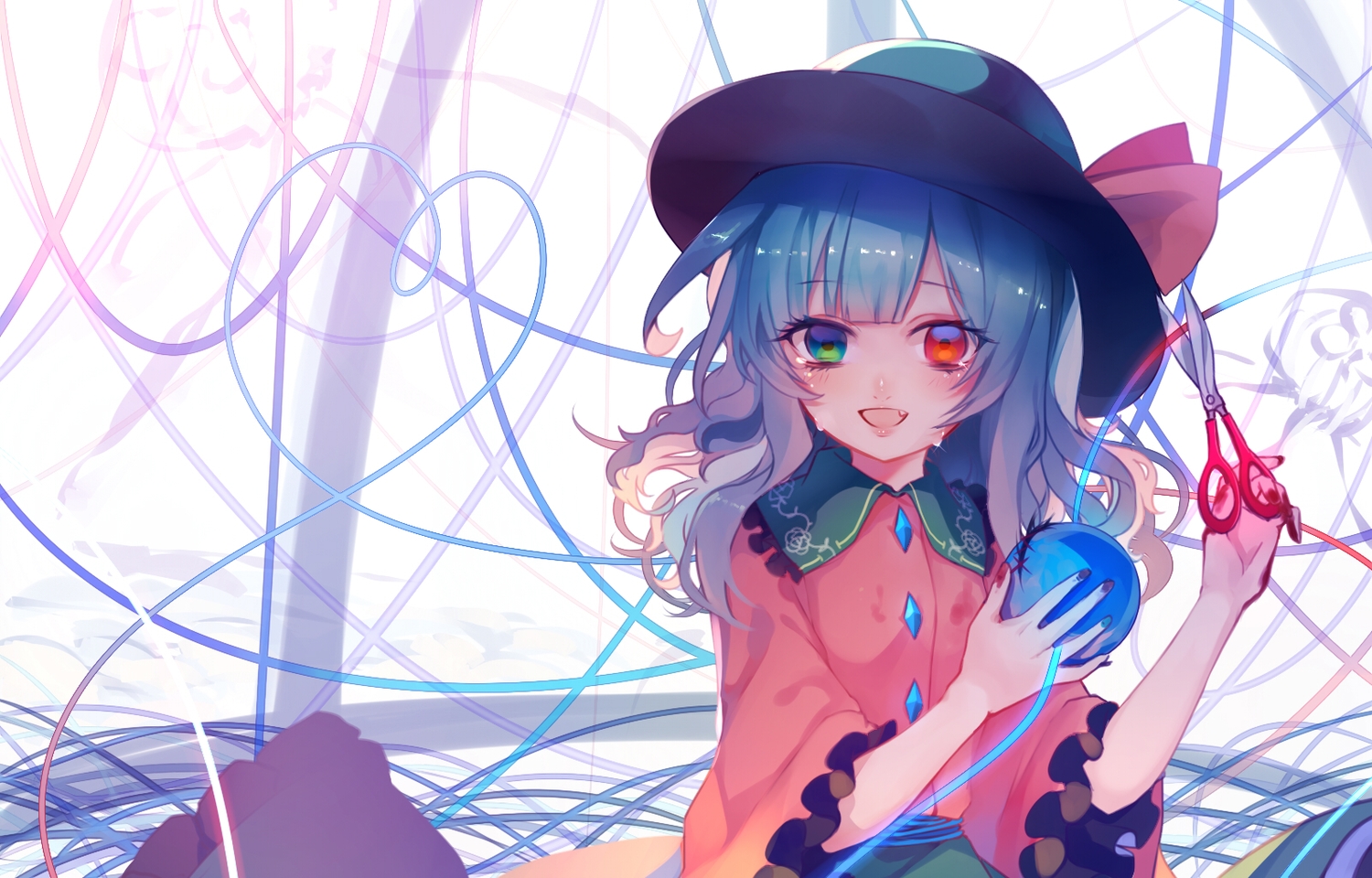 aqua_hair, bicolored_eyes, blush, daimaou_ruaeru, fang, hat, komeiji_koishi, tears