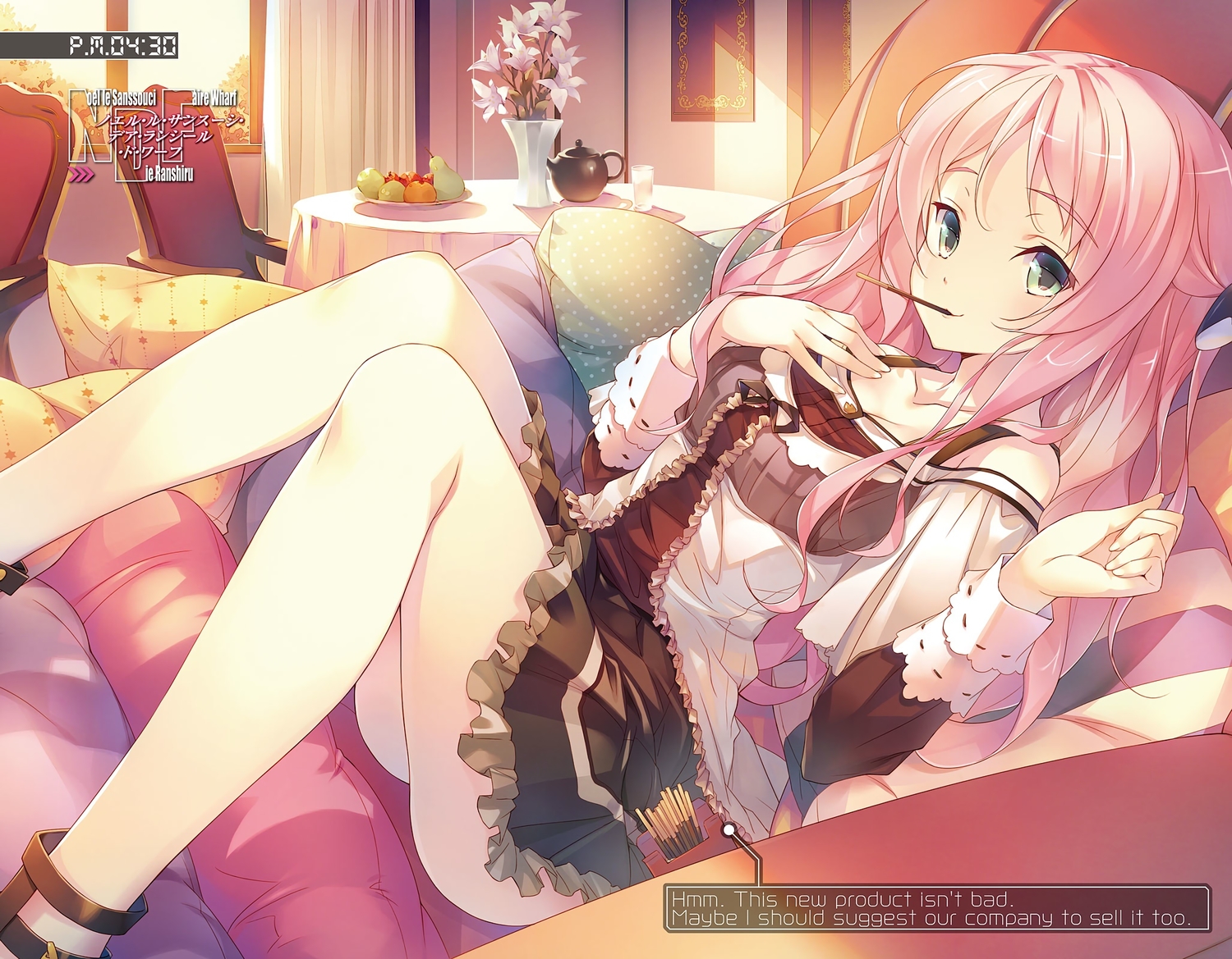 amami_mikihiro, aqua_eyes, breasts, cleavage, dress, flowers, food, fruit