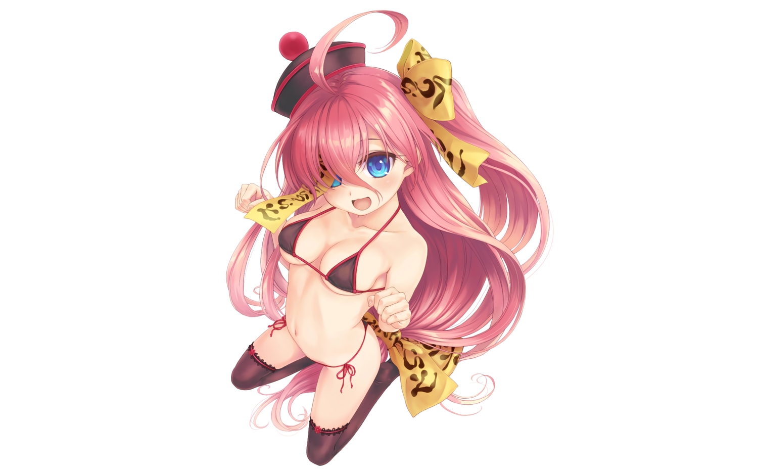 aqua_eyes, bikini, blush, bow, breasts, cleavage, emil_chronicle_online, hat, navel, pink_hair, ponytail, stockings, swimsuit, tagme_(character), takanashi, thighhighs, white