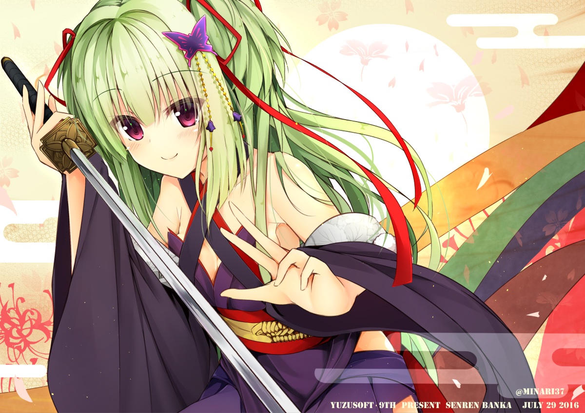 blush, green_hair, japanese_clothes, katana, loli, long_hair, minari_(minari37), murasame_(senren_banka), purple_eyes, ribbons, senren_banka, sword, watermark, weapon, yuzusoft