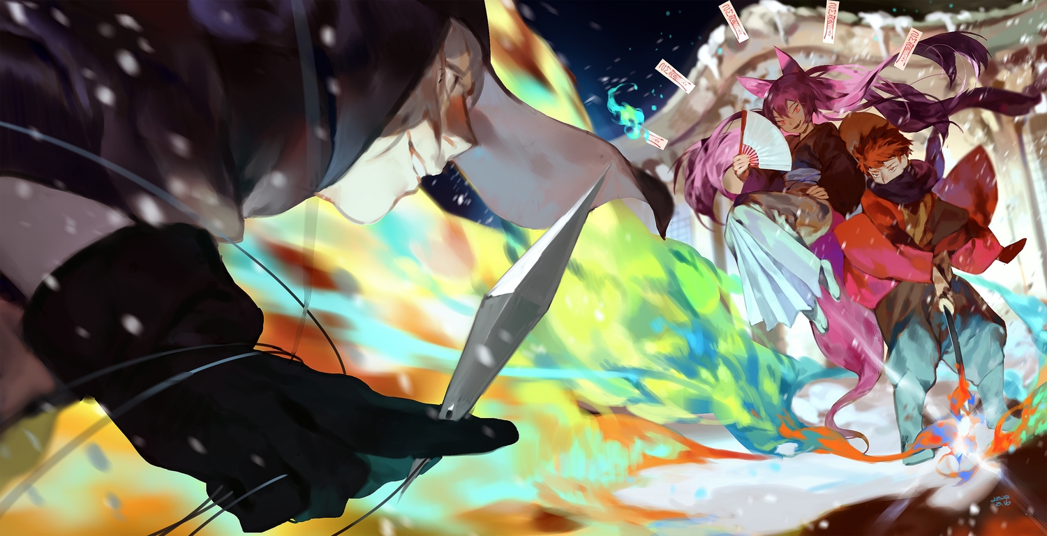 animal_ears, foxgirl, gloves, gray_hair, hood, long_hair, magic, male