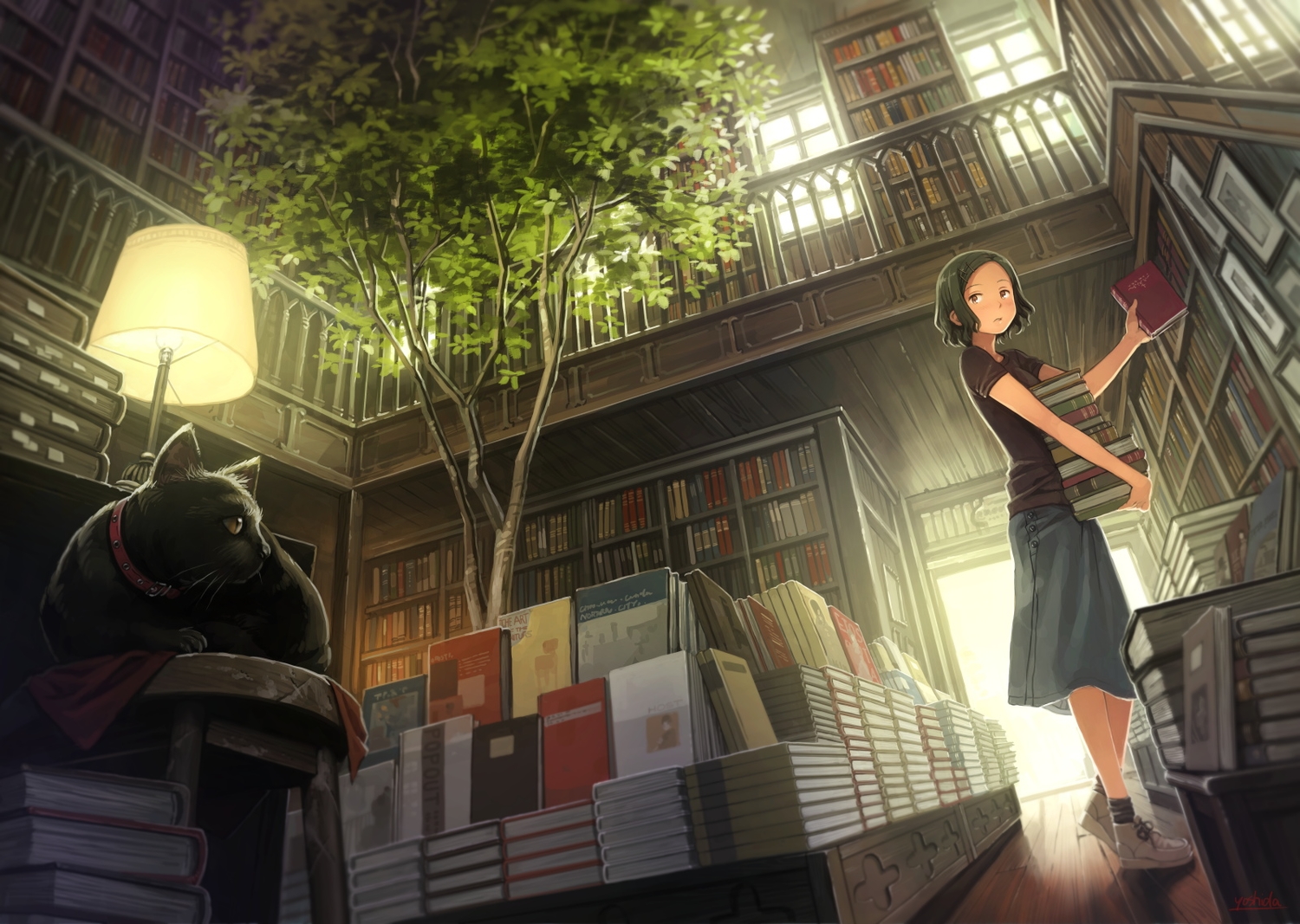 animal, black_hair, book, cat, dark, original, scenic, short_hair, signed, skirt, socks, tree, yoshida_seiji