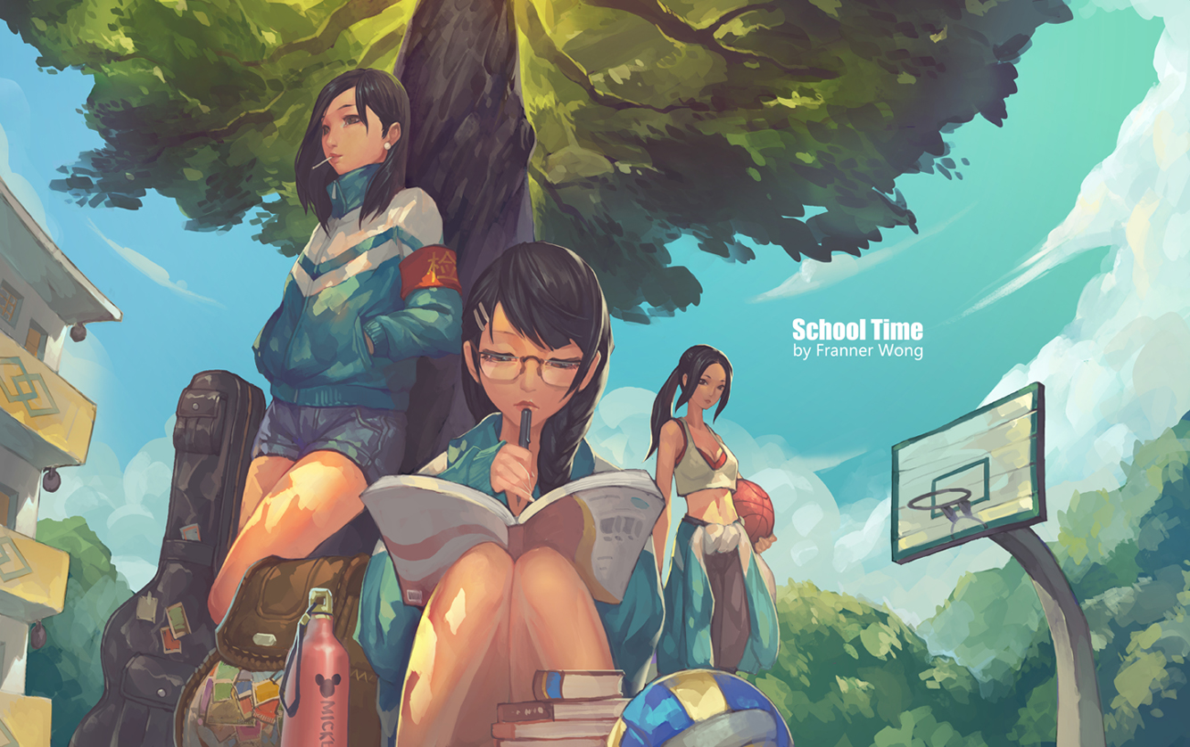 ball, basketball, black_hair, book, braids, building, clouds, drink, franner, glasses, guitar, instrument, long_hair, ponytail, shorts, sky, sport, tree, volleyball
