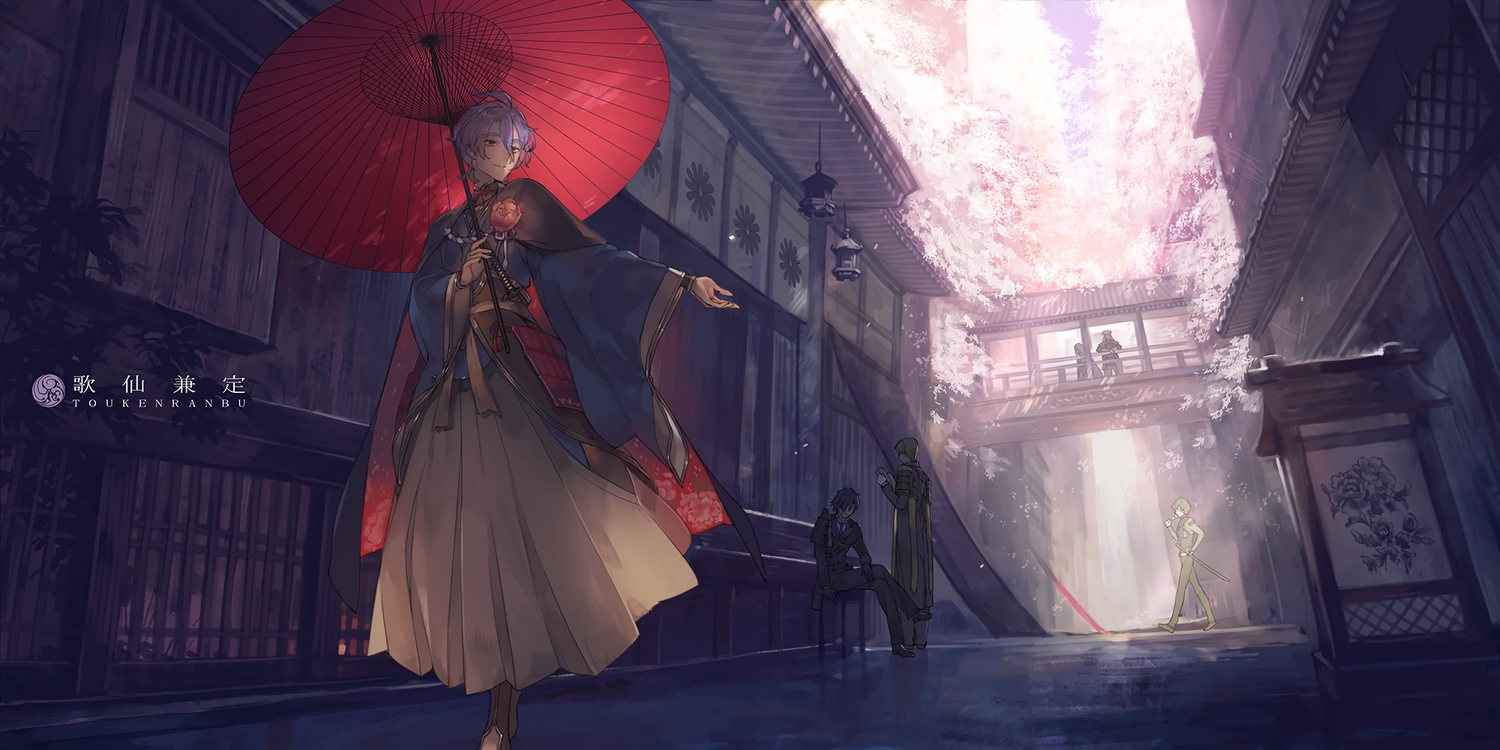 all_male, anthropomorphism, building, cherry_blossoms, flowers, heshikiri_hasebe, japanese_clothes, jpeg_artifacts, kasen_kanesada, kimono, male, scenic, shokudaikiri_mitsutada, sword, touken_ranbu, uguisumaru, umbrella, weapon, yamabushi_kunihiro, yamanbagiri_kunihiro, zhuzi