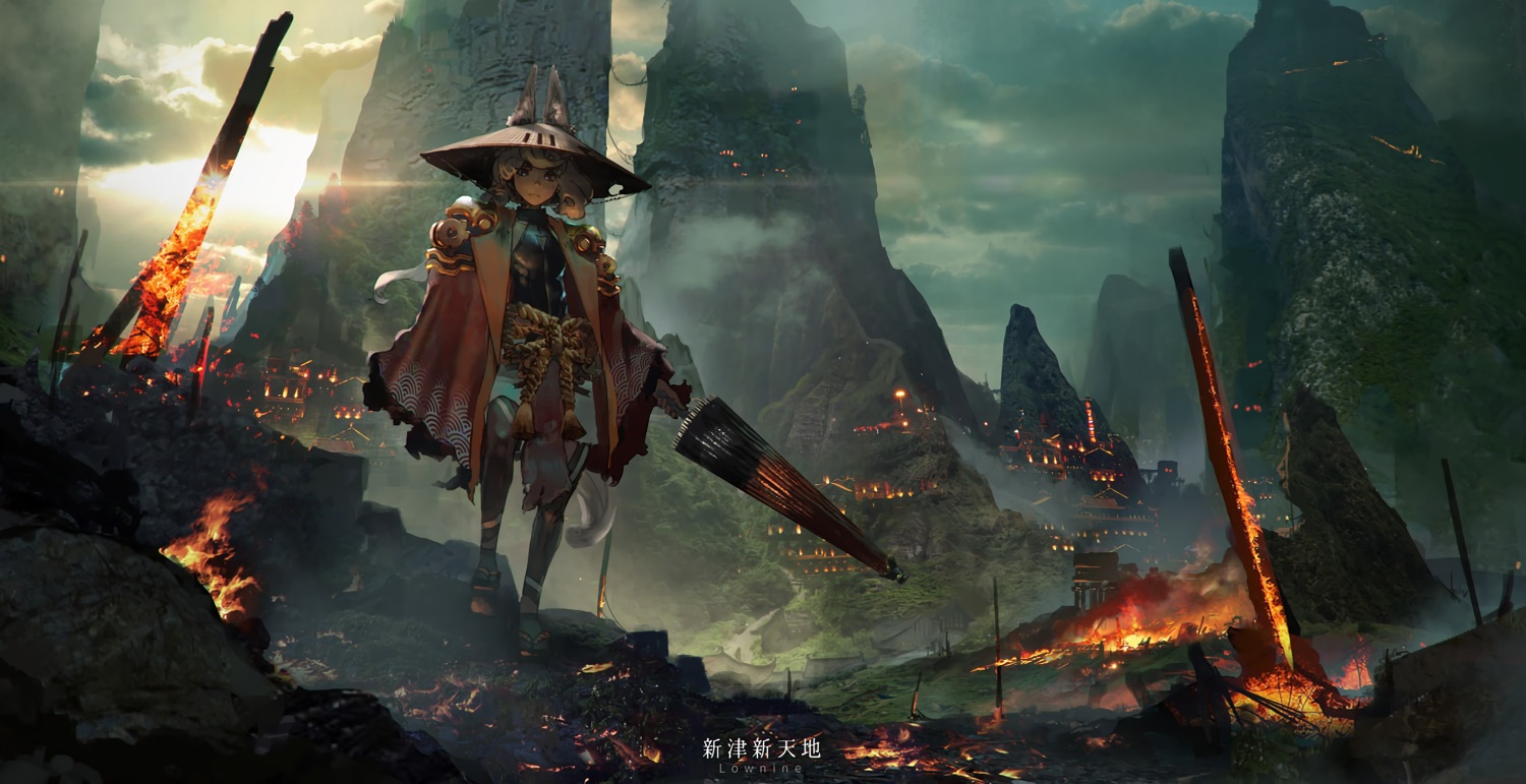 animal_ears, clouds, fire, hat, landscape, original, pixiv_fantasia, rounin_(amuza)
