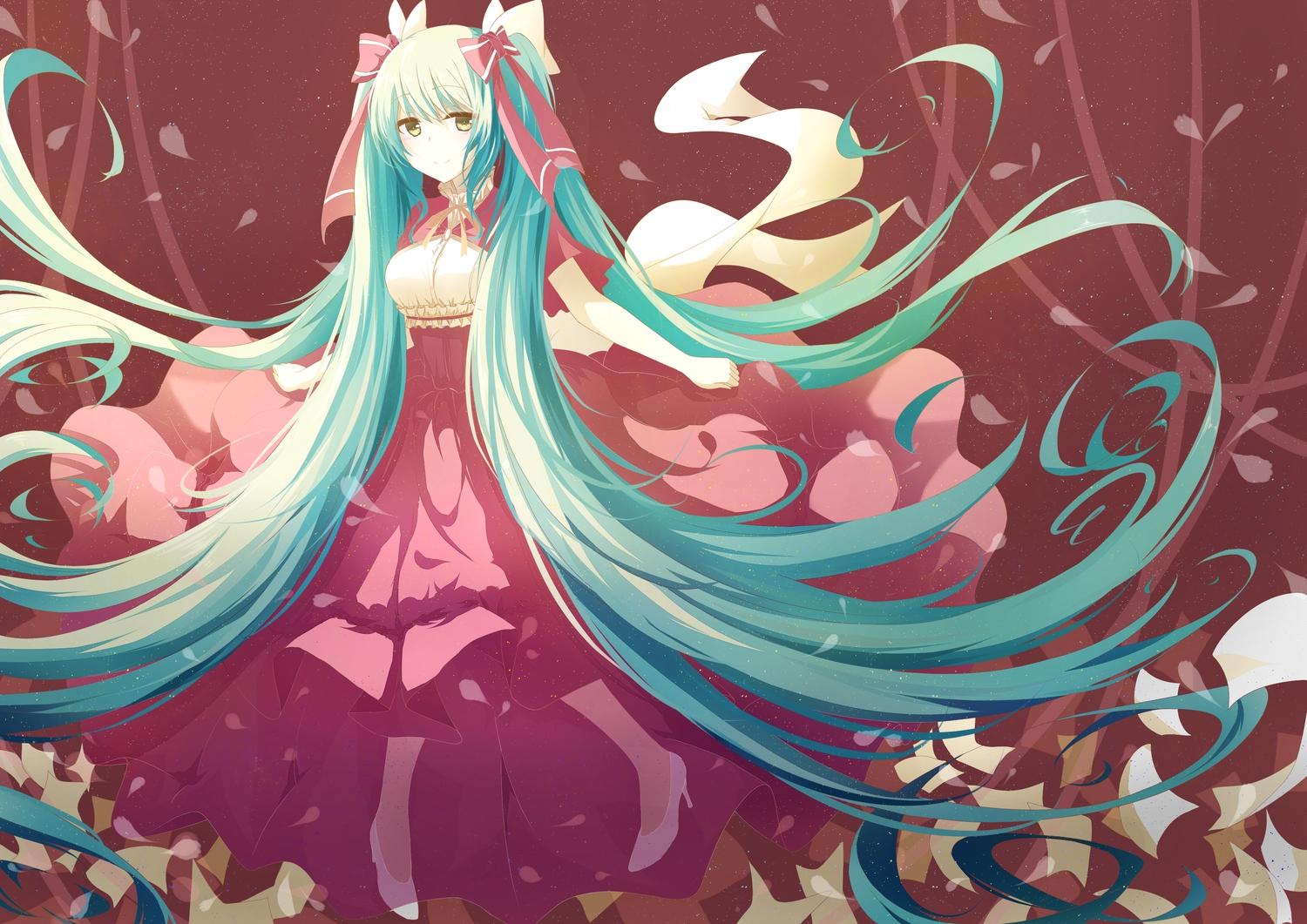 aqua_hair, dress, hatsune_miku, isumi_(yangyan), long_hair, petals, twintails, vocaloid, yellow_eyes