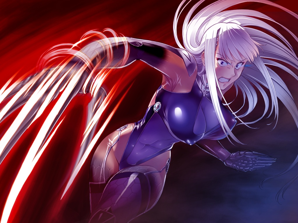 bodysuit, breasts, cleavage, erect_nipples, fujisaki_ai, game_cg, koukaku_no_ai, long_hair, skintight, techgirl, thighhighs, white_hair, zol