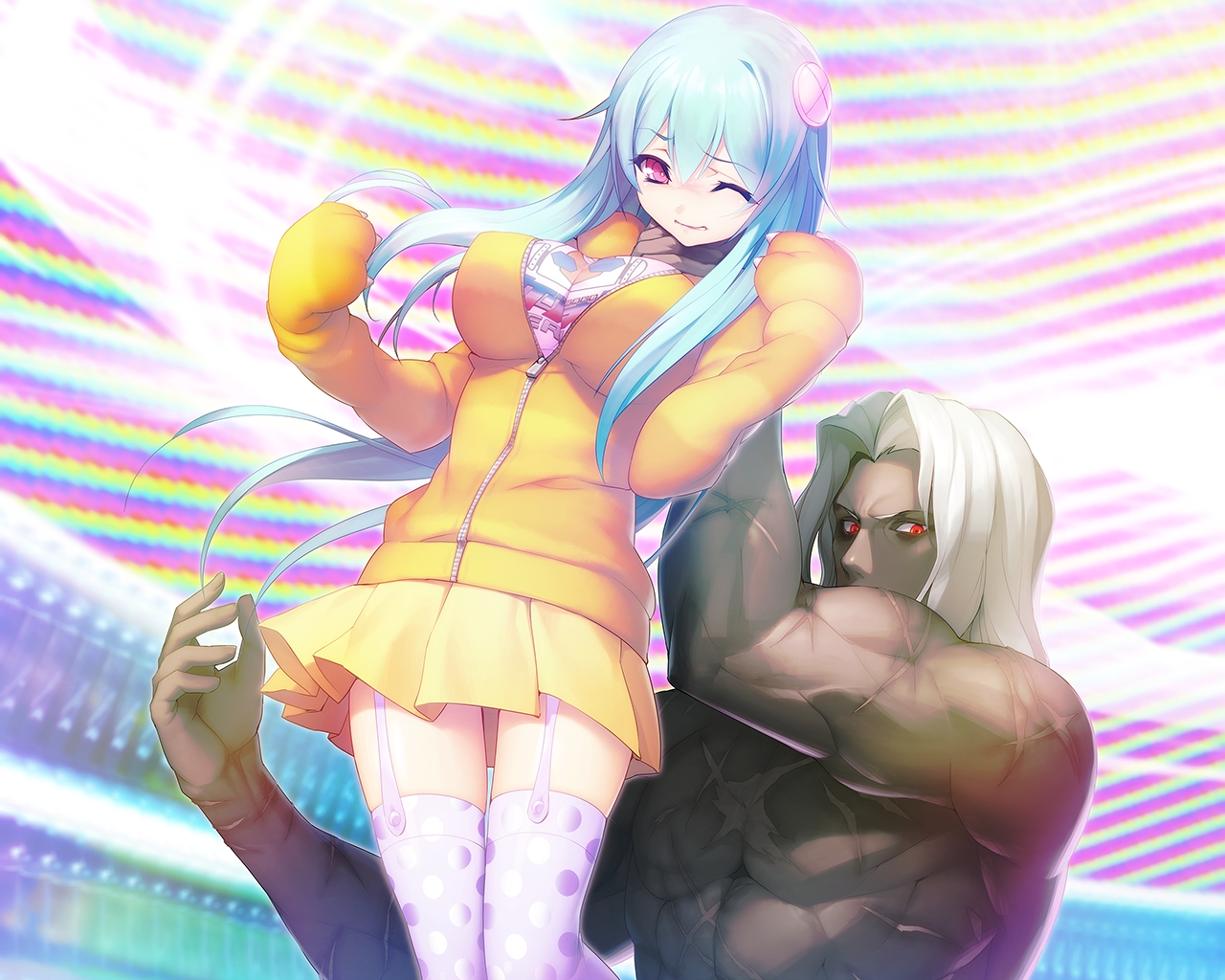 aqua_hair, cropped, dark_skin, game_cg, garter_belt, hougyou_ilia, male, milgram, nitroplus, oosaki_shinya, red_eyes, scar, skirt, stockings, thighhighs, tokyo_necro, white_hair, wink, zettai_ryouiki