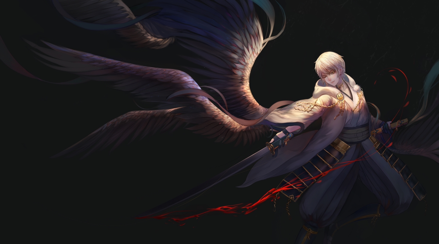 all_male, anthropomorphism, blood, boots, chain, male, sword, touken_ranbu, tsurumaru_kuninaga, weapon, white_hair, wings, wink, yellow_eyes, yuuko_(renhaowei2010)