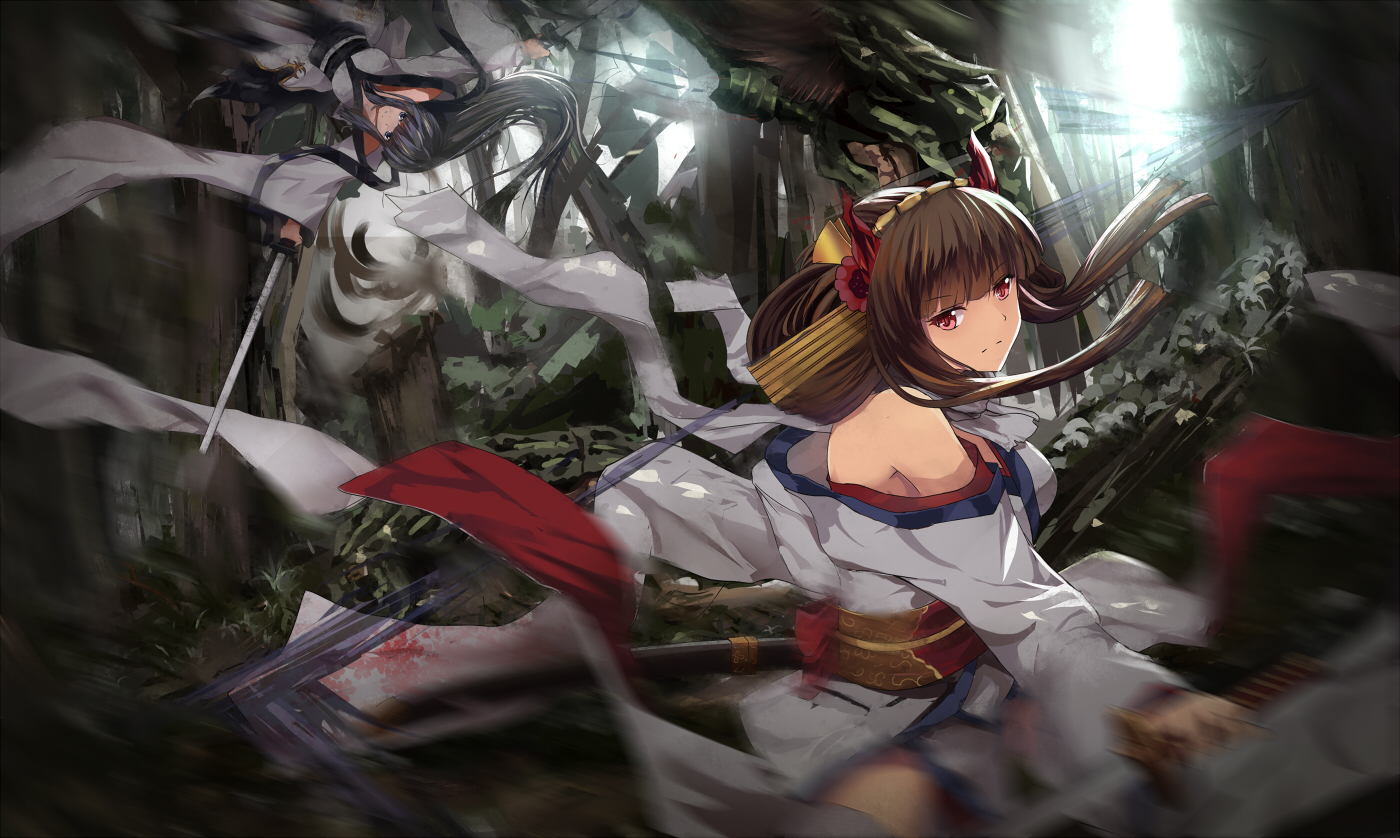 2girls, black_hair, brown_hair, forest, japanese_clothes, long_hair, original, pixiv_fantasia