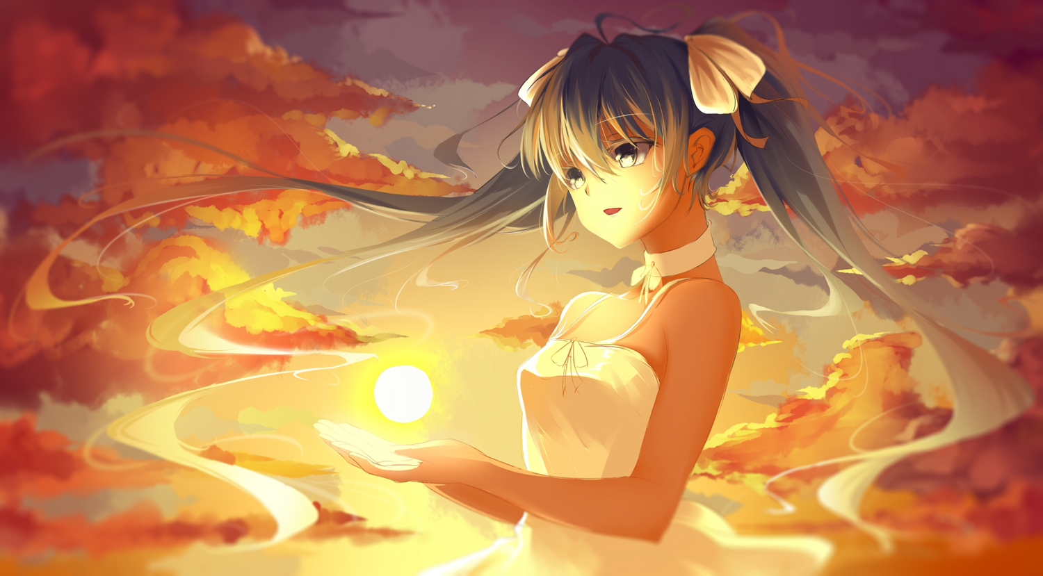 dress, hatsune_miku, long_hair, qingchen_(694757286), summer_dress, sunset, twintails, vocaloid