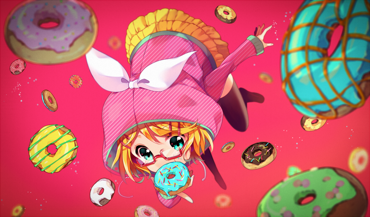 aqua_eyes, blonde_hair, food, glasses, hood, ikari_(aor3507), kagamine_rin, skirt