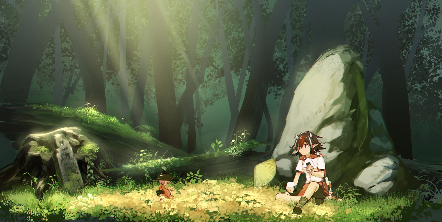 2girls, aliasing, forest, grass, green, hat, kijin_seija, kinketsu, pointed_ears, red_eyes, scenic, sukuna_shinmyoumaru, touhou, tree
