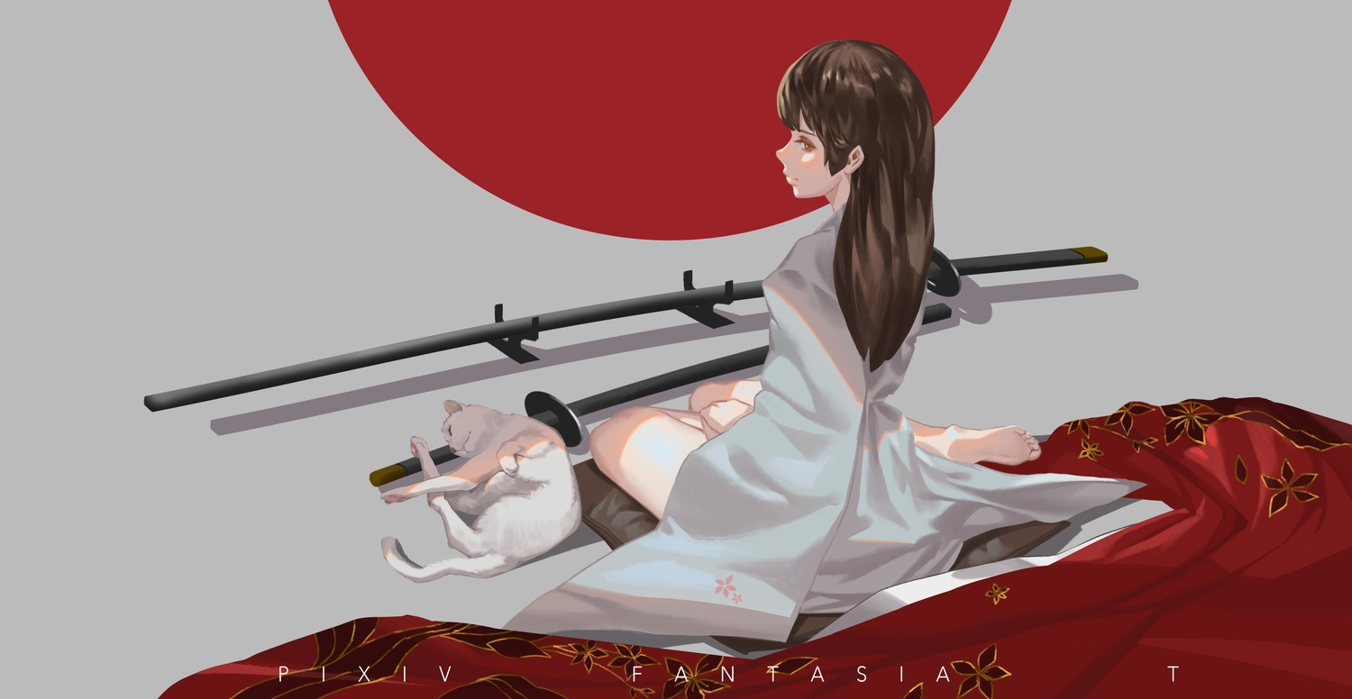 animal, baka_(mh6516620), barefoot, brown_eyes, brown_hair, cat, japanese_clothes, katana