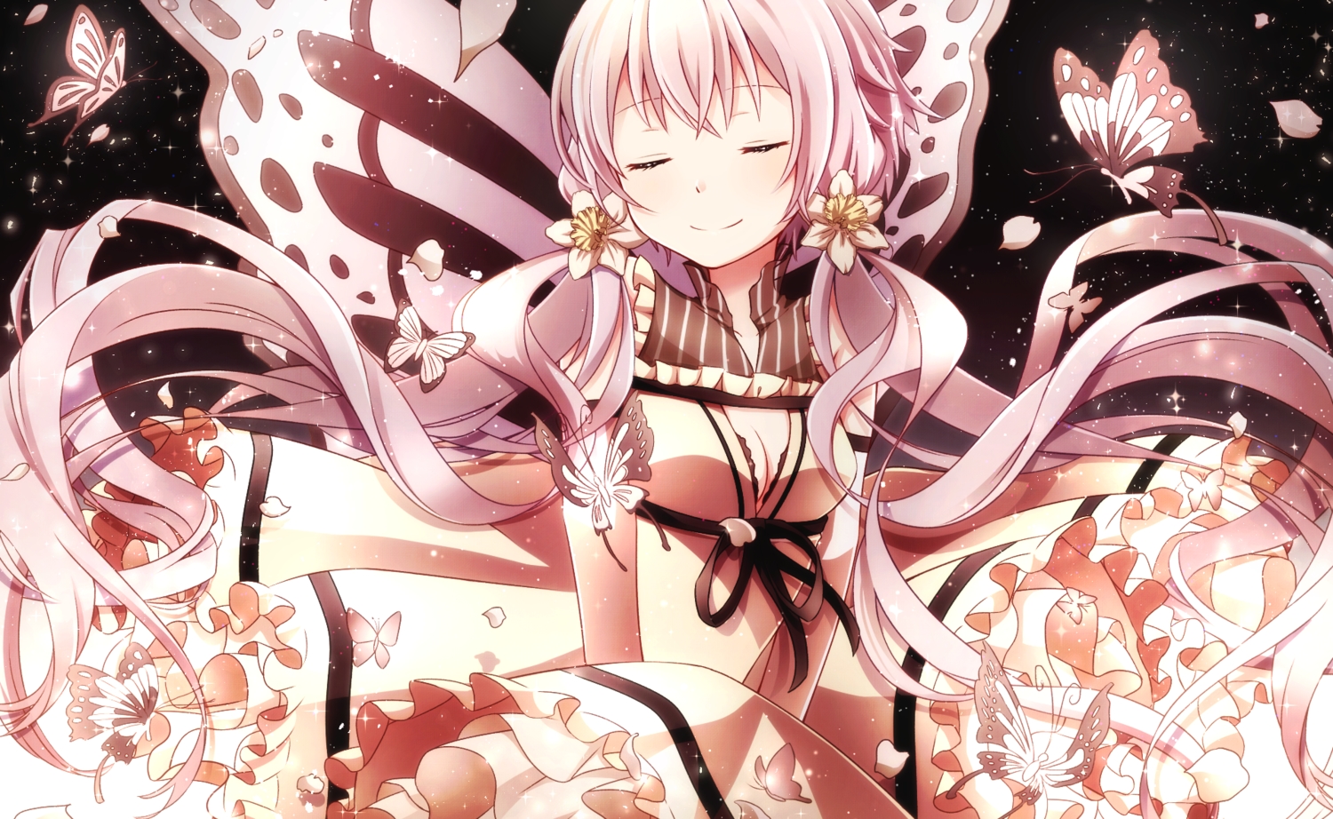 butterfly, dress, long_hair, twintails, vocaloid, voiceroid, yamagara, yuzuki_yukari