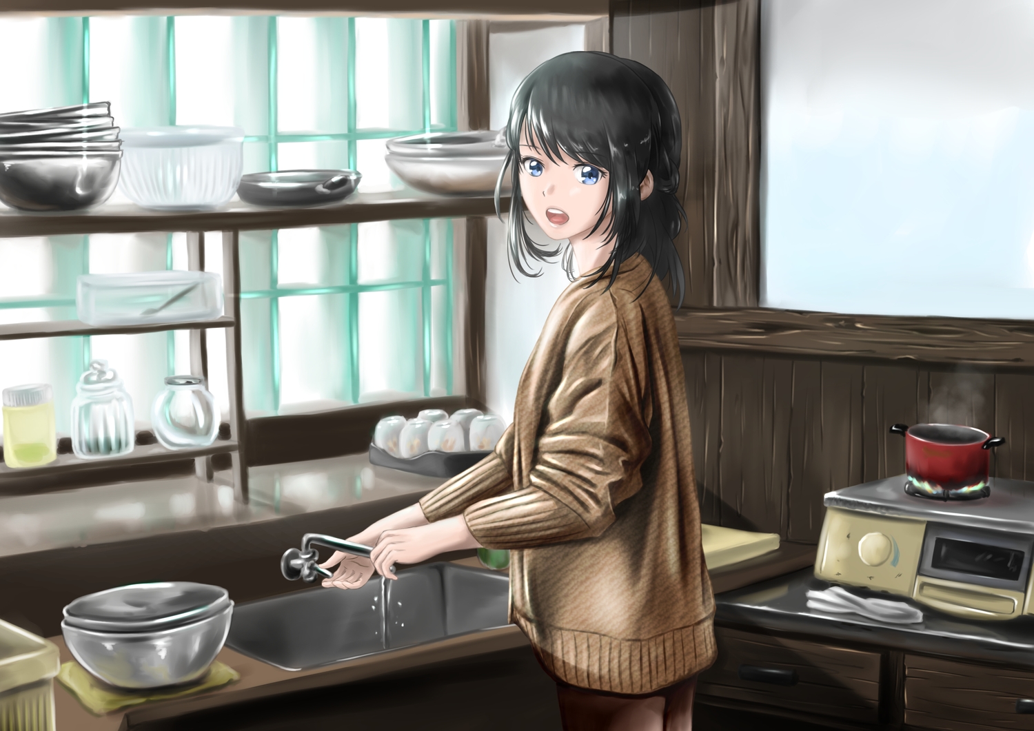 black_hair, blue_eyes, long_hair, original, parsue, water
