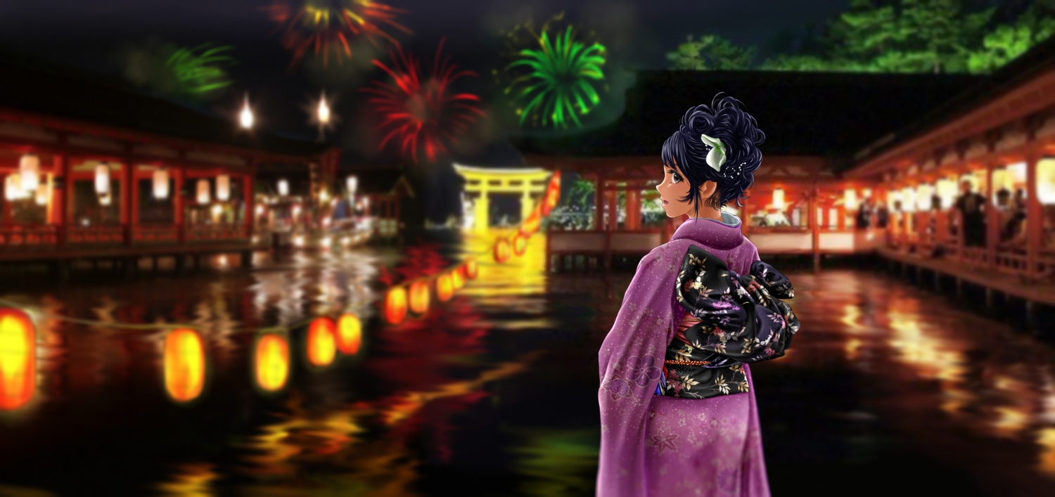 black_eyes, black_hair, festival, fireworks, japanese_clothes, kimono, night, original