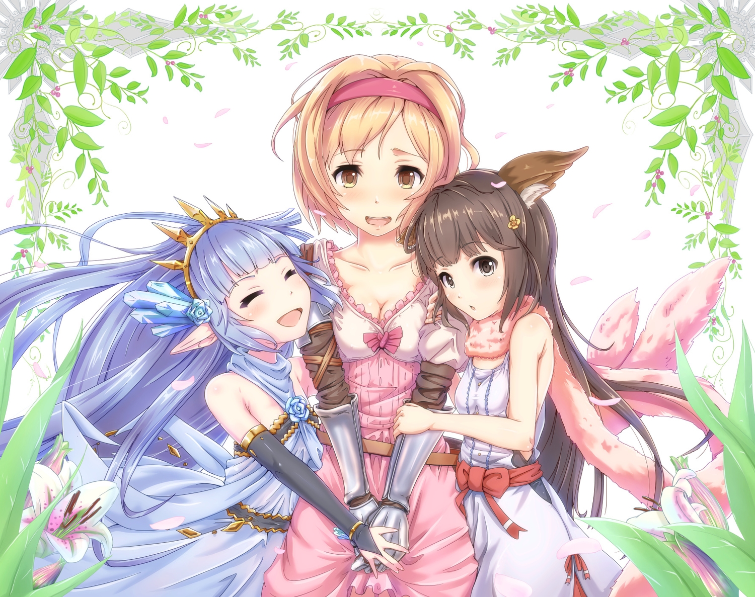 animal_ears, aster_(granblue_fantasy), blonde_hair, bow, breasts, brown_eyes, brown_hair, cleavage, djeeta_(granblue_fantasy), dress, elbow_gloves, flowers, gloves, granblue_fantasy, keepvalley, lily_(granblue_fantasy), long_hair, petals, pointed_ears, purple_hair, scarf, short_hair, tiara