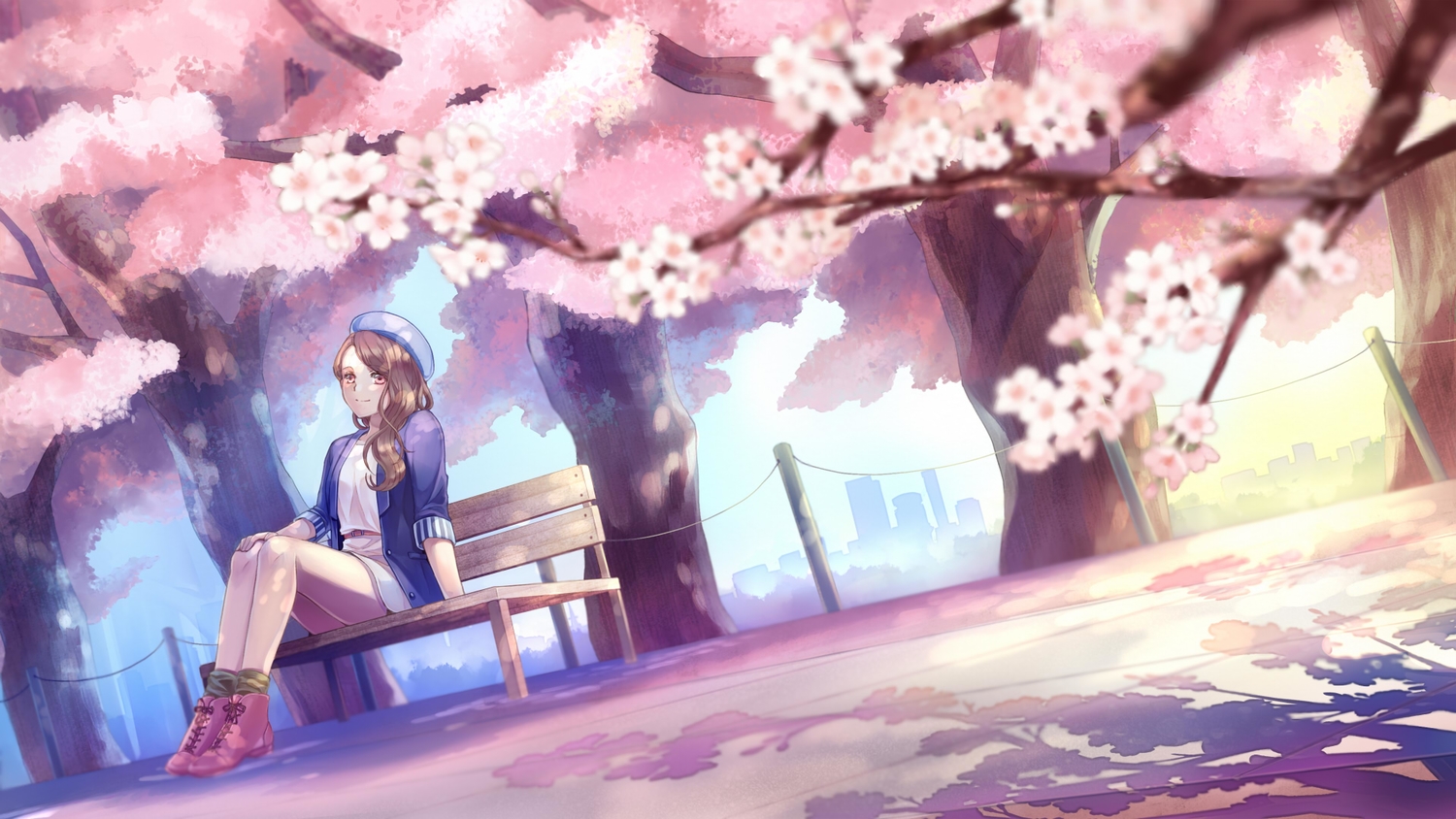 boots, brown_hair, cherry_blossoms, flowers, hat, koyami_tsukito, long_hair, original, tree
