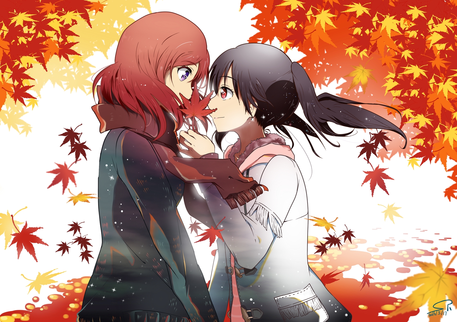 2girls, autumn, black_hair, leaves, love_live!_school_idol_project, nishikino_maki, purple_eyes, red_eyes, red_hair, scarf, shoujo_ai, suan_ringo, yazawa_nico