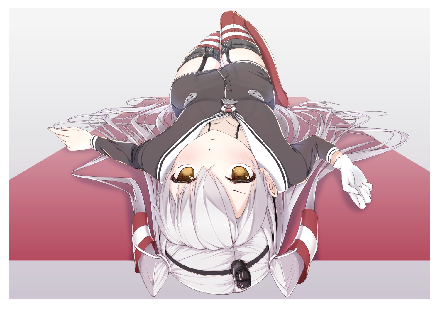 akikan_(10552397), amatsukaze_(kancolle), anthropomorphism, blush, brown_eyes, garter_belt, gloves, jpeg_artifacts, kantai_collection, long_hair, stockings, thighhighs, twintails, white_hair