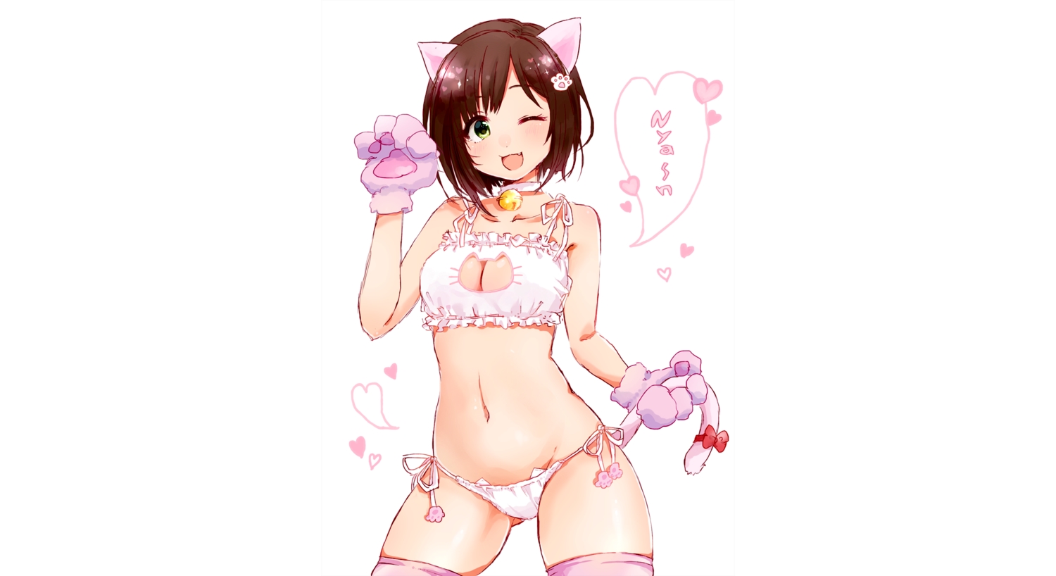 animal_ears, blush, bra, breasts, brown_hair, catgirl, cleavage, collar, gloves, green_eyes, heart, idolmaster, idolmaster_cinderella_girls, maekawa_miku, mobuko_(akita_komachi), panties, short_hair, tail, thighhighs, underwear, white, wink