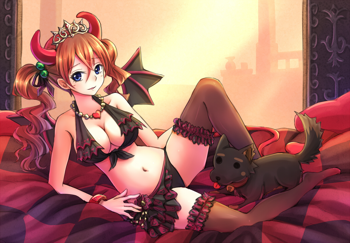 animal, bed, bikini, blue_eyes, breasts, cleavage, dog, garter