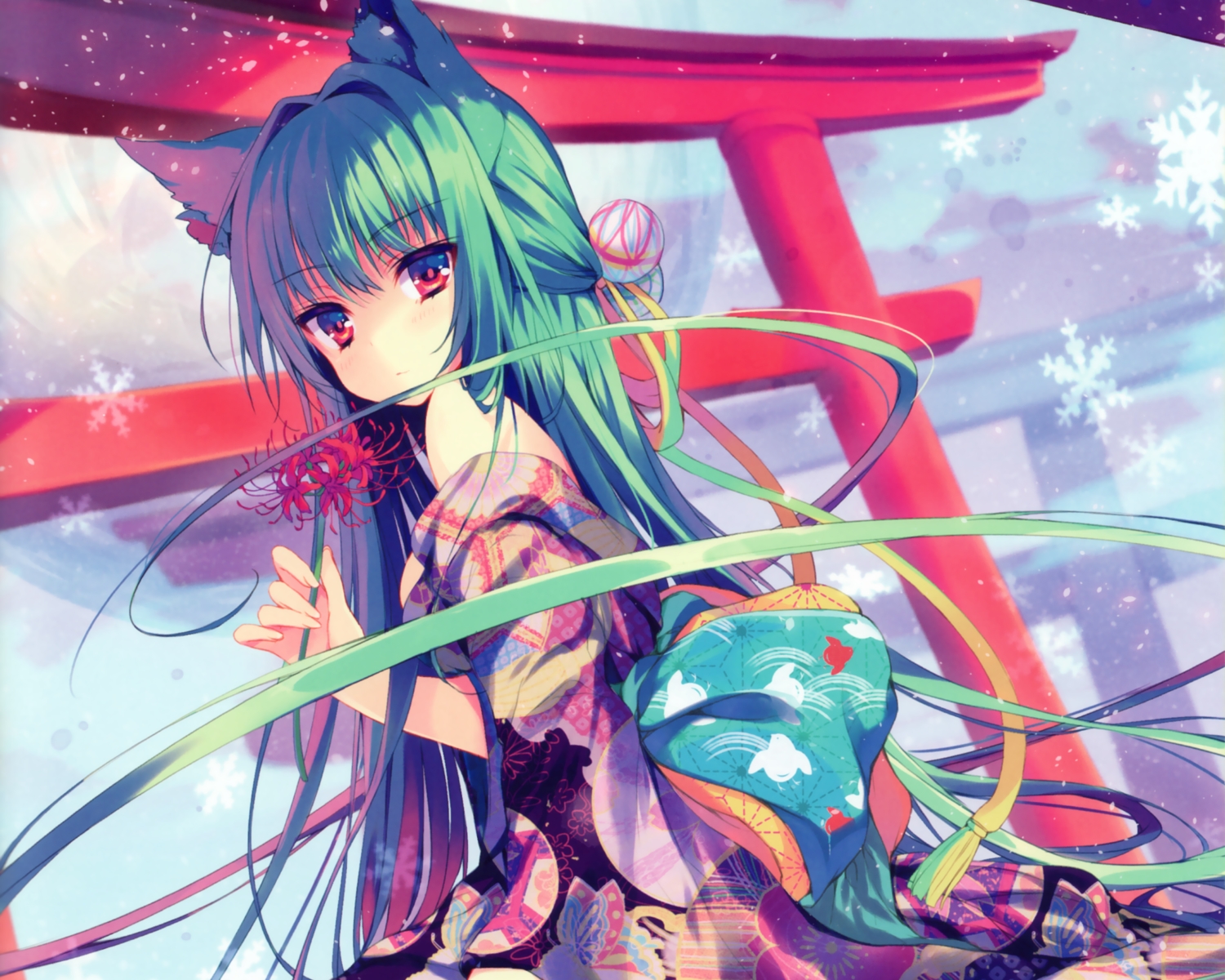 animal_ears, aqua_hair, catgirl, cropped, flowers, japanese_clothes, kimono, original, red_eyes, reia, scan, torii